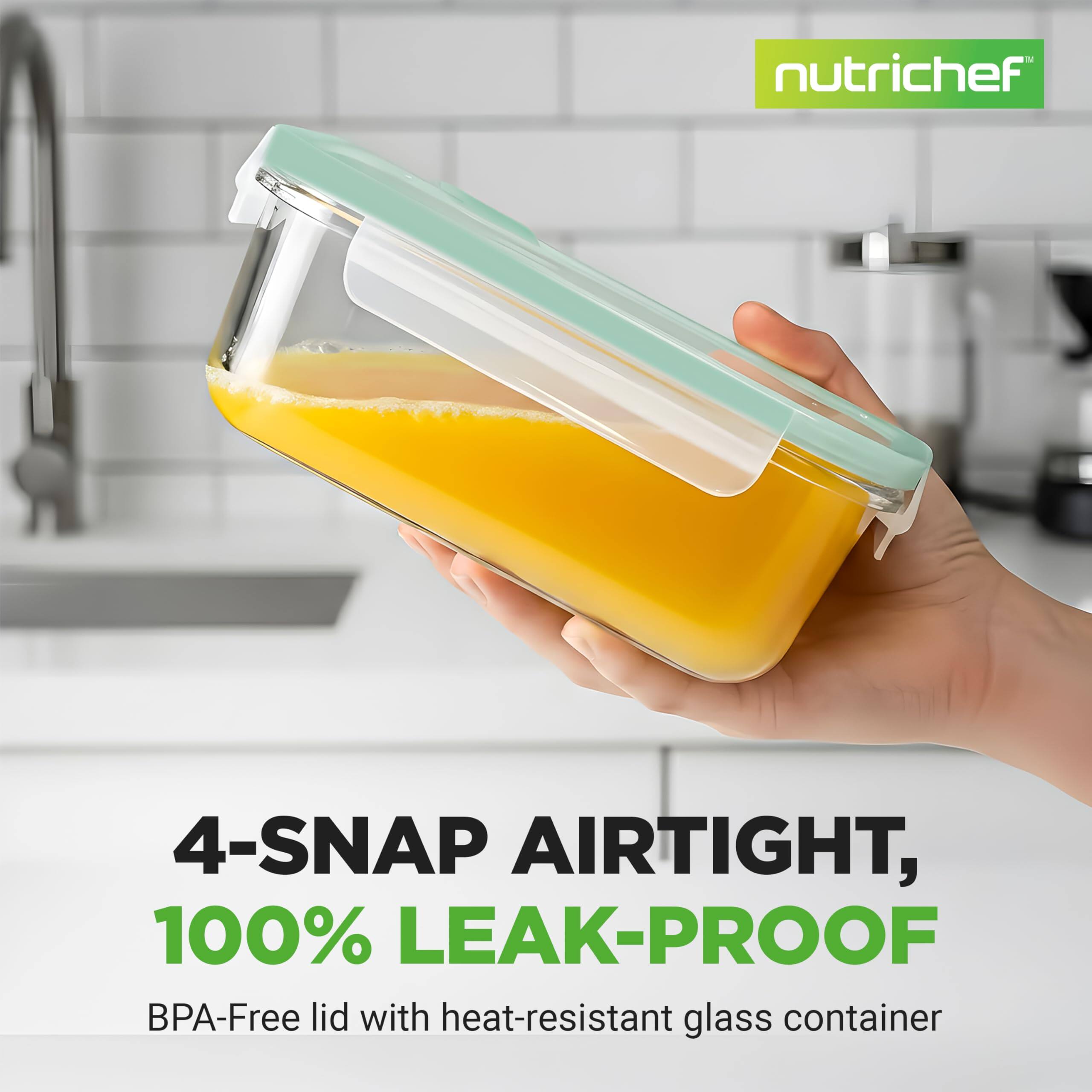 nutrichef 4-SNAP AIRTIGHT, 100% LEAK-PROOF BPA-Free lid with heat-resistant glass container