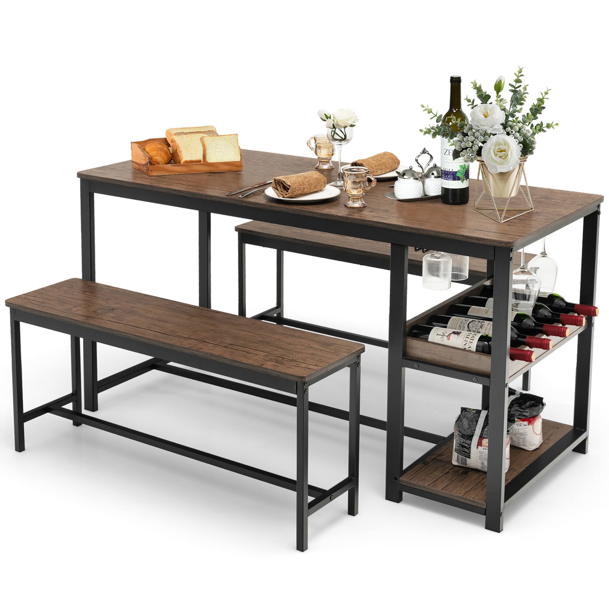 Alt View 1. Gymax - Gymax 3PCS Rustic Kitchen Dining Set Includes Storage Rack w/ Rectangular Table & 2 Benches - Coffee, Black.
