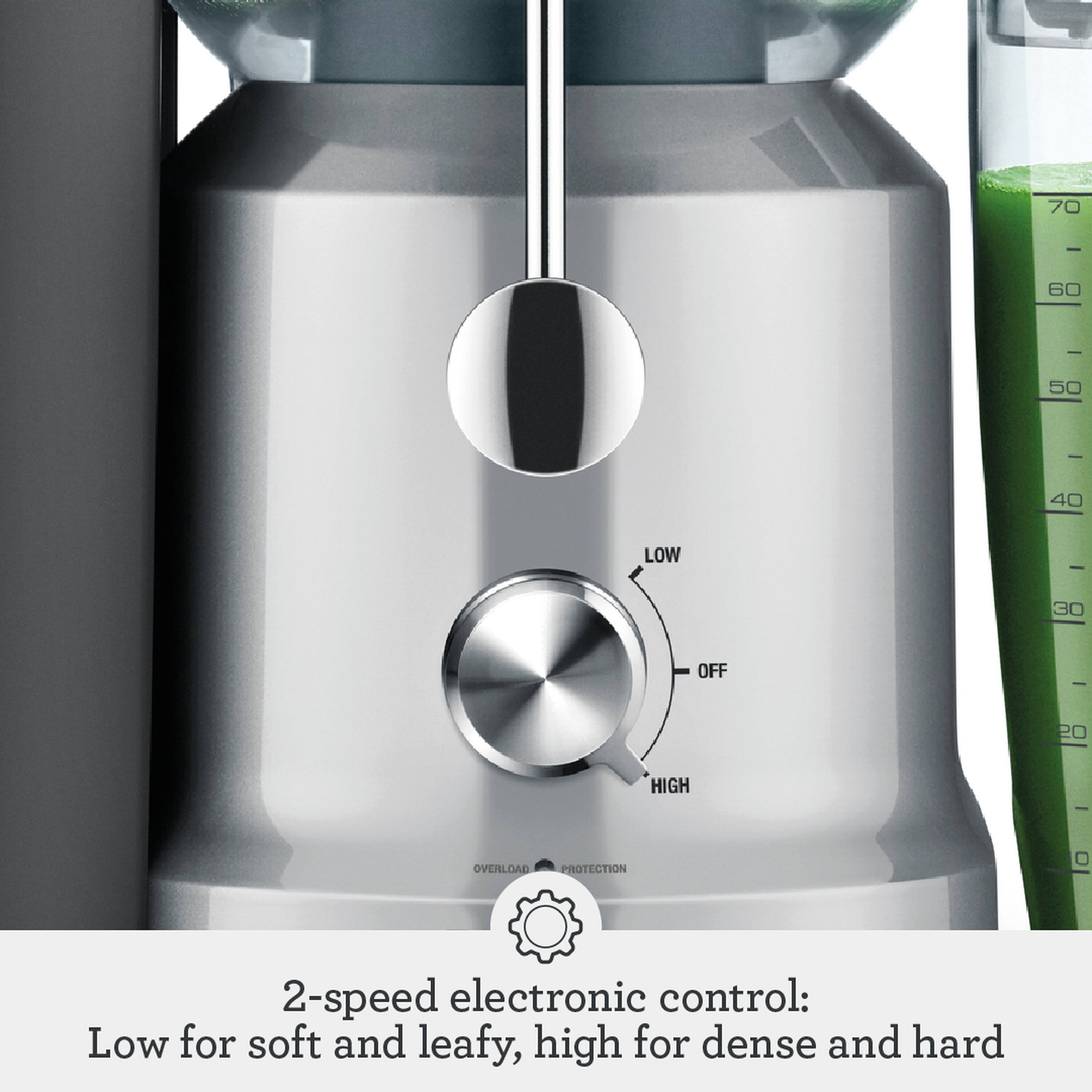 70 | 60 | 50 : 40 LOW - 30 OFF | 20 HIGH - OVERLOAD PROTECTION  
2-speed electronic control: Low for soft and leafy, high for dense and hard