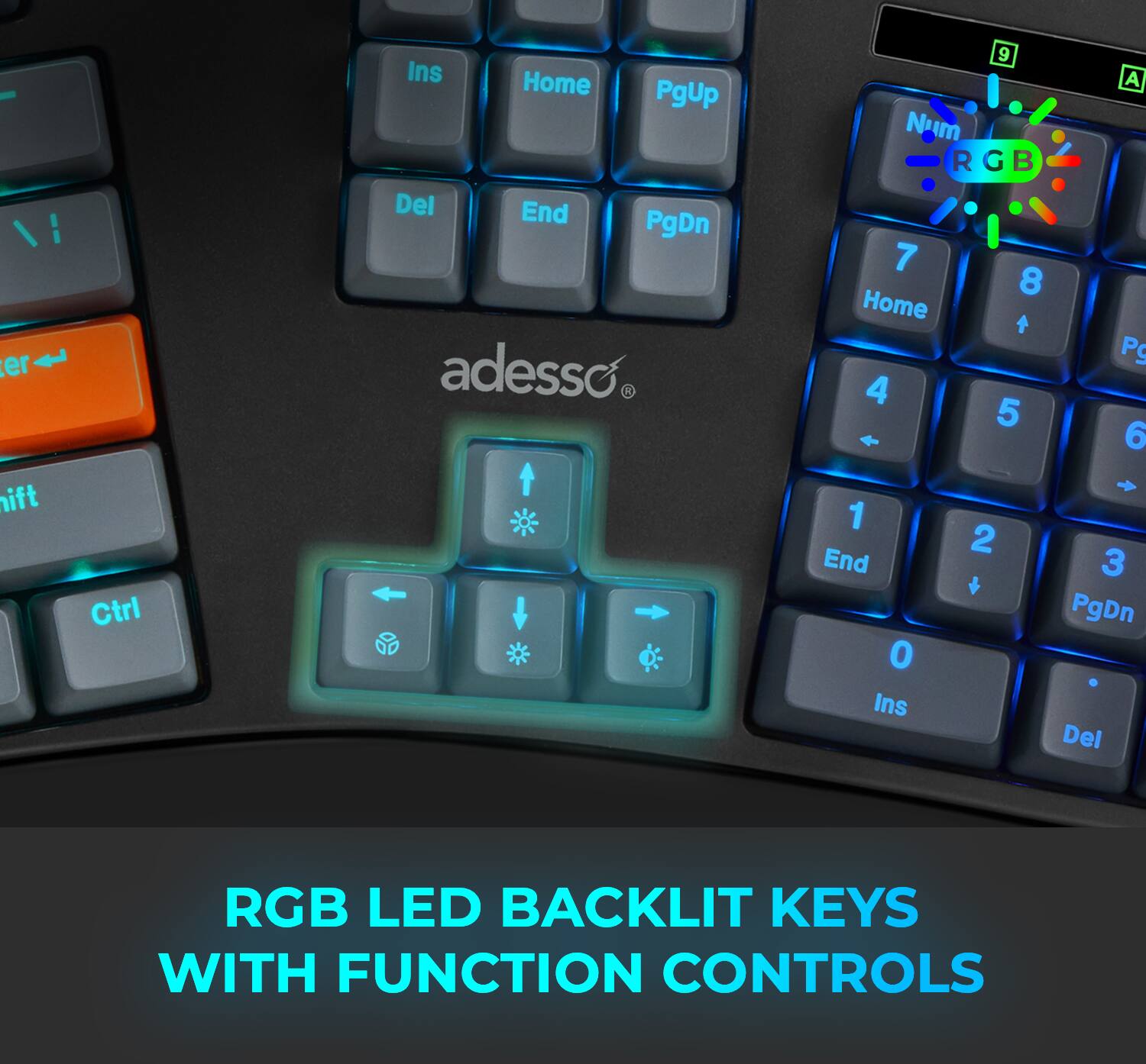 Ctrl Ins Home PgUp Del End PgDn adesso K 9 A Num RGB 7 8 Home  Pg 4 5 6 1 2 End 3 PgDn O Ins Del RGB LED BACKLIT KEYS WITH FUNCTION CONTROLS