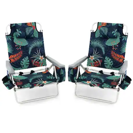 Front. Costway - 2-Pack Folding Backpack Beach Chair 5-Position Outdoor Reclining Chairs with Pillow - Dark Green.
