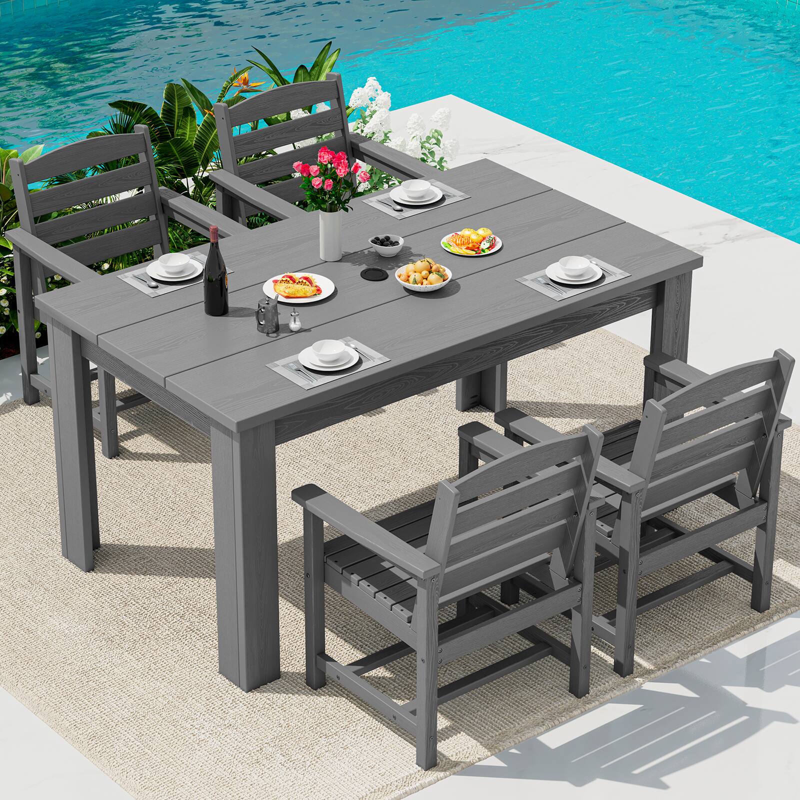 Front. SERWALL - Outdoor Dining Set for 4, With 1 Table & 4 Dining Chairs, All Weather HDPE Dining Sets for Patio, Garden, Backyard - Gray.