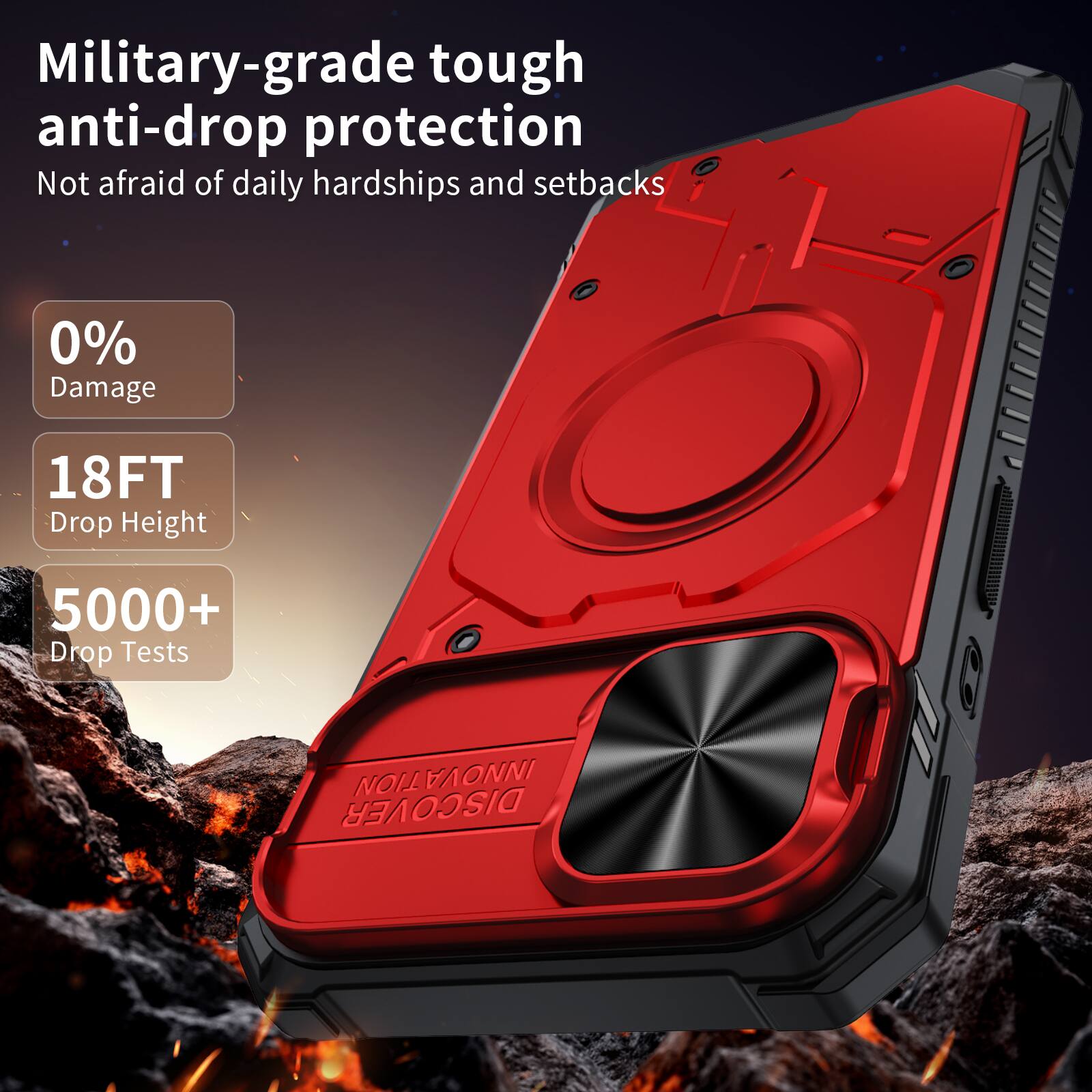 Military-grade tough anti-drop protection  
Not afraid of daily hardships and setbacks  

0% Damage  
18FT Drop Height  
5000+ Drop Tests  

COMICS DISCOVER