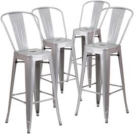 Emma + Oliver - Commercial Grade 4 Pack 30" High Metal Indoor-Outdoor Barstool with Back - Silver