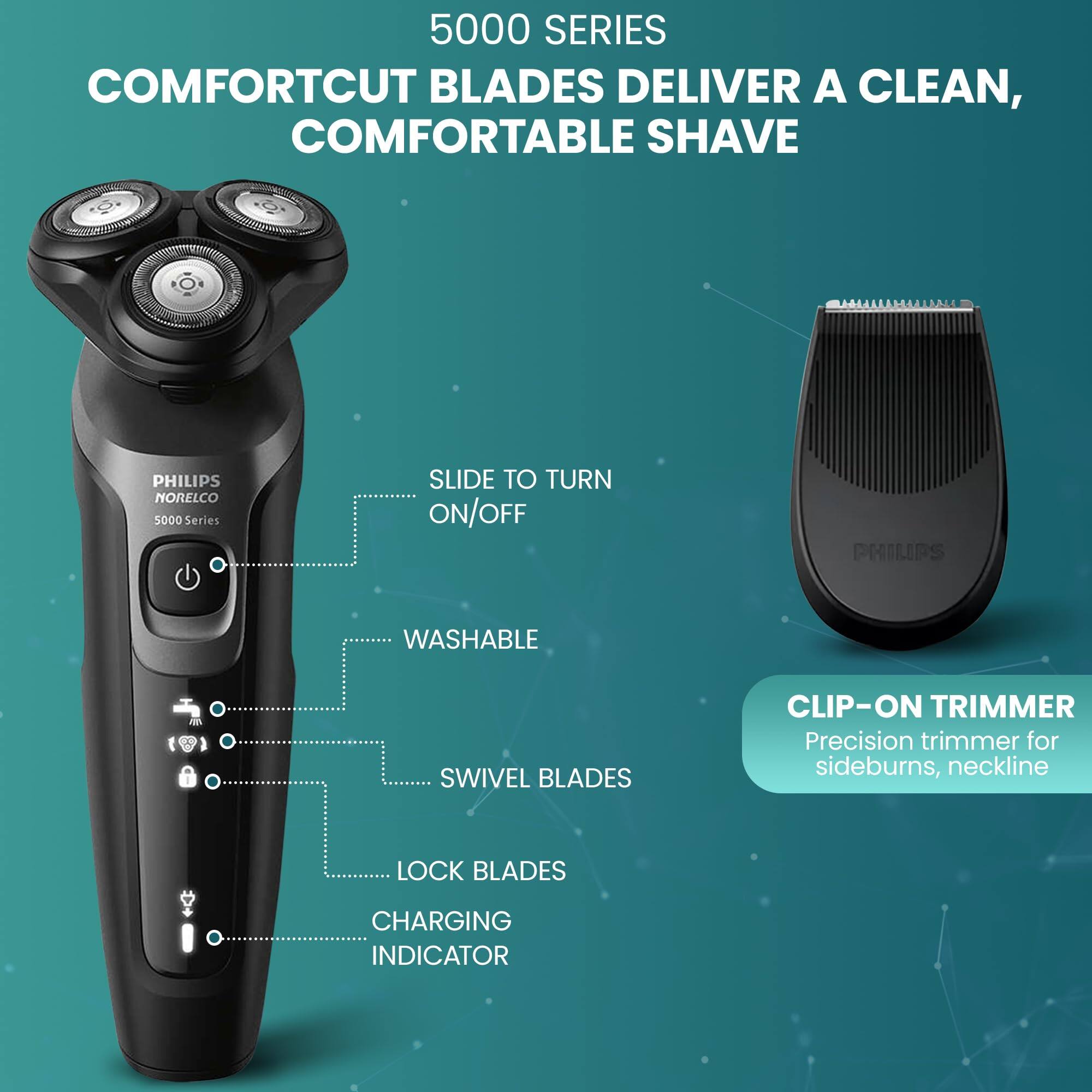 5000 SERIES COMFORTCUT BLADES DELIVER A CLEAN, COMFORTABLE SHAVE

PHILIPS NORELCO 5000 Series

SLIDE TO TURN ON/OFF

PHILIPS WASHABLE SWIVEL BLADES

CLIP-ON TRIMMER Precision trimmer for sideburns, neckline

LOCK BLADES

CHARGING INDICATOR