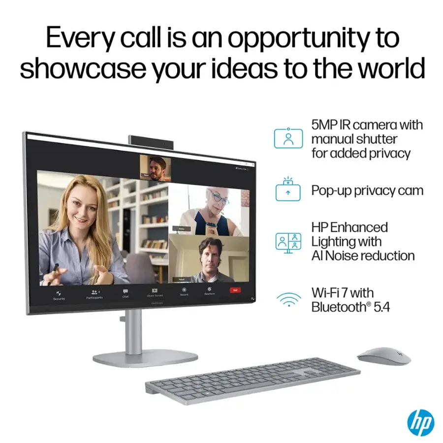 Every call is an opportunity to showcase your ideas to the world. This HP monitor features a 5MP IR camera with manual shutter for added privacy, a pop-up privacy cam, and HP Enhanced C & Lighting with Al Noise reduction. Additionally, it has Wi-Fi 7 with Bluetooth 5.4.