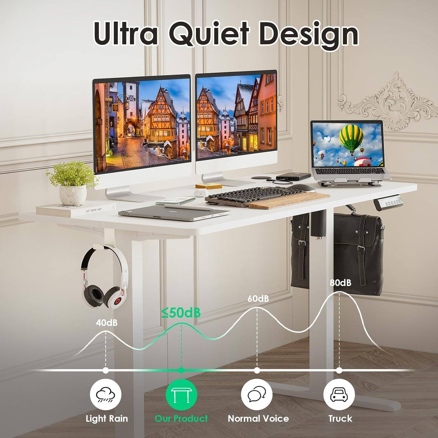 Ultra Quiet Design  
≤50dB  
40dB  
60dB  
80dB  
Light Rain  
Our Product  
Normal Voice  
Truck