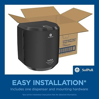 Centerpull Paper Towel Dispenser Black  
1 Dispenser  
38300 31328 02  
SofPull P. SofPull  

EASY INSTALLATION*  
Includes one dispenser and mounting hardware  
*See online installation instruction files for detailed information.