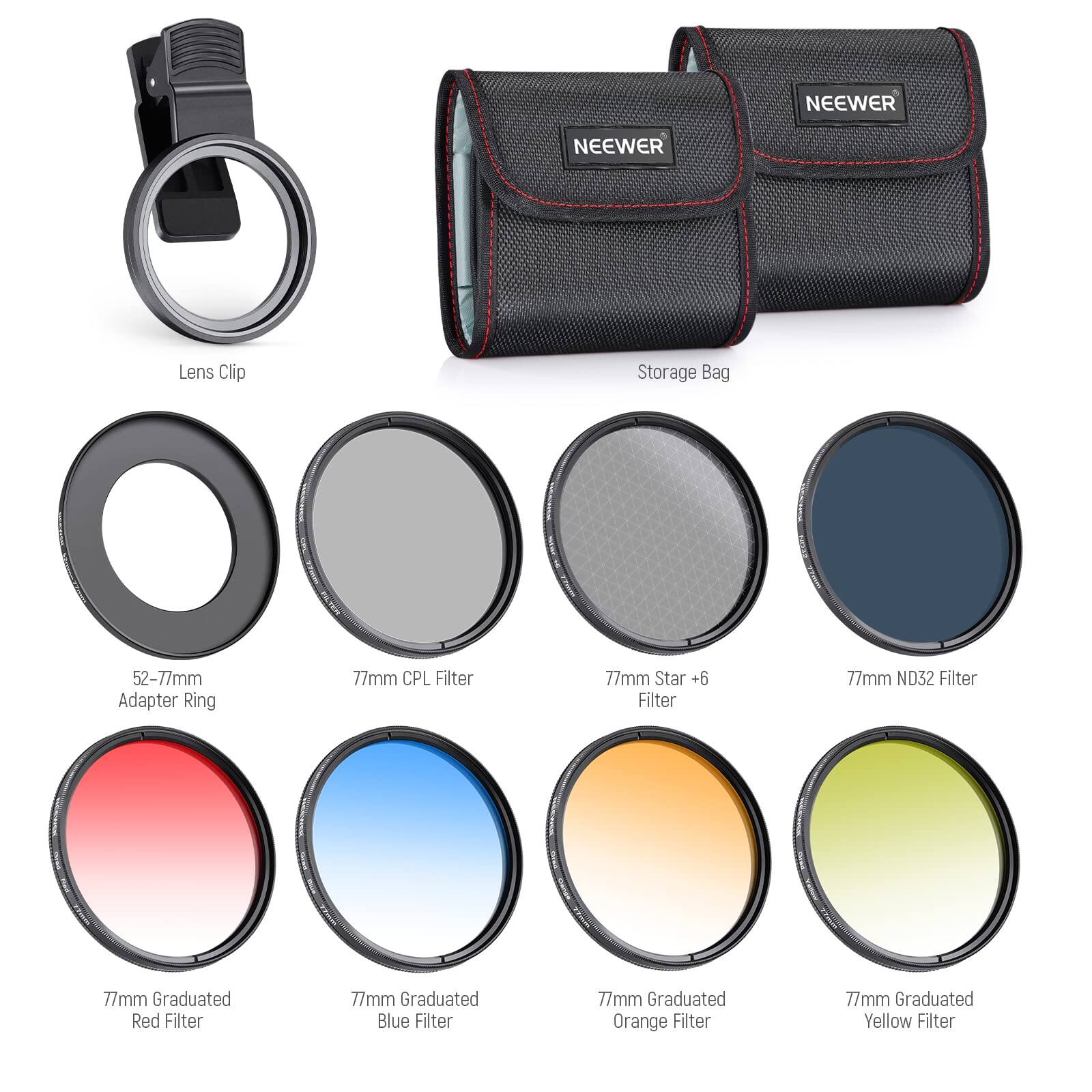 NEEWER Lens Clip Storage Bag  
52-77mm Adapter Ring  
77mm CPL Filter  
77mm Star +6 Filter  
77mm ND32 Filter  
77mm Graduated Red Filter  
77mm Graduated Blue Filter  
77mm Graduated Orange Filter  
77mm Graduated Yellow Filter