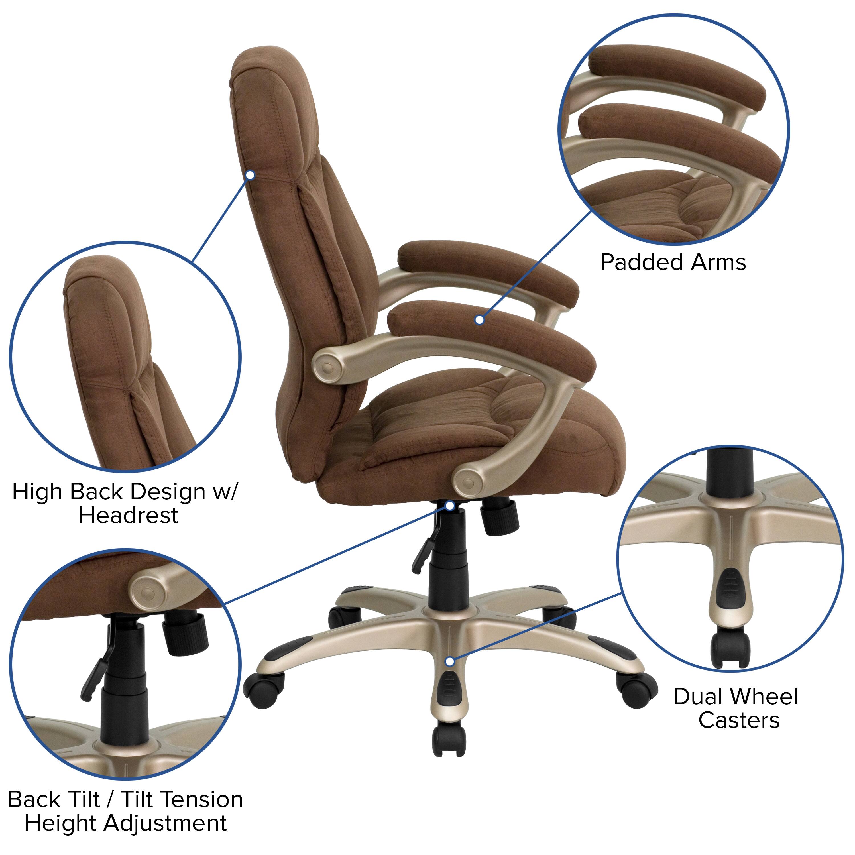 Padded Arms  
High Back Design w/ Headrest  
Dual Wheel Casters  
Back Tilt / Tilt Tension Height Adjustment