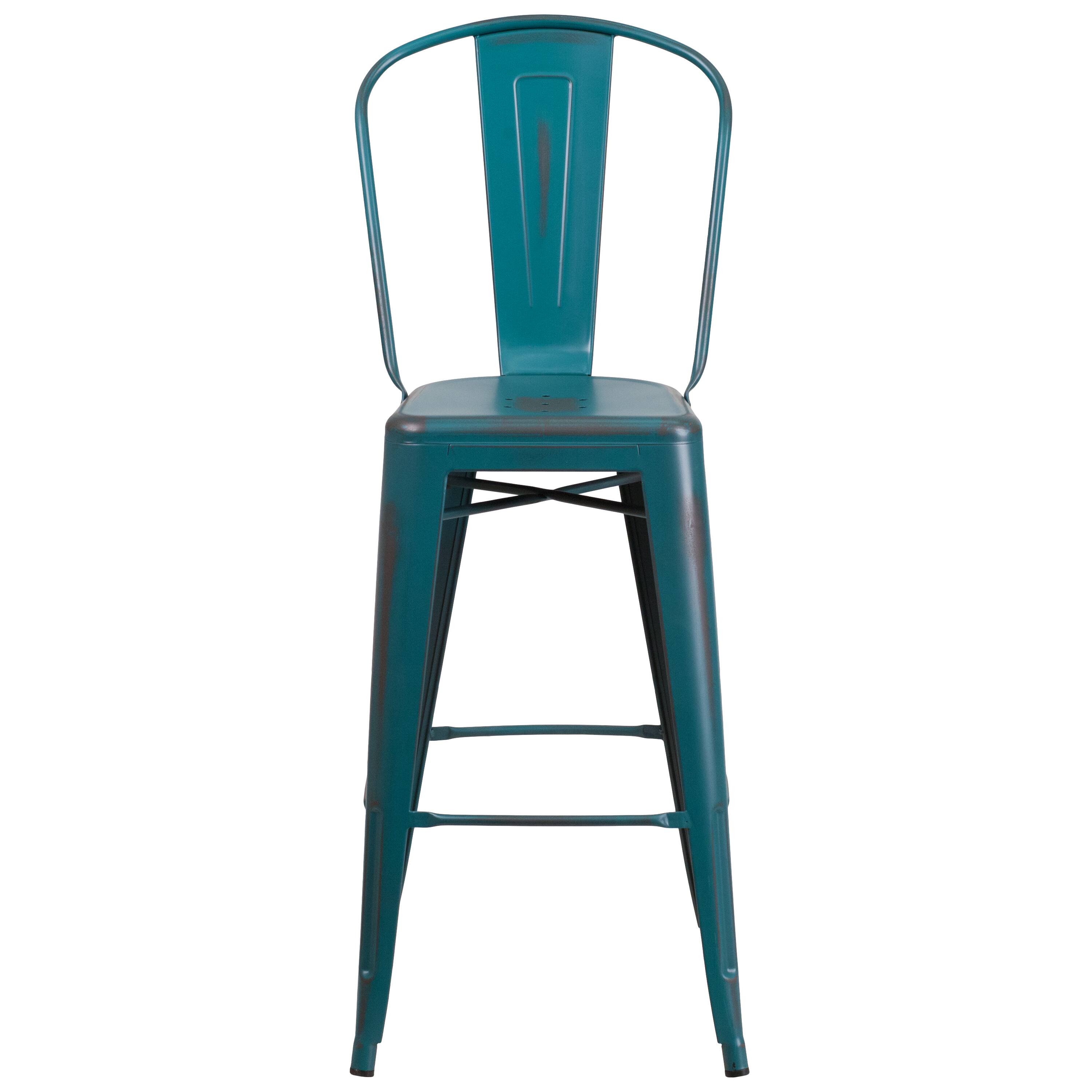 Alt View 7. Emma + Oliver - Commercial Grade 30"H Distressed Colorful Metal Indoor-Outdoor Barstool w/ Back - Kelly Blue-Teal.