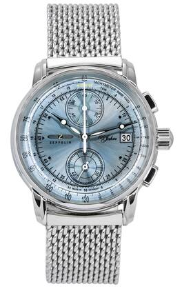 Zeppelin - 100 Jahre Ed 1 Chronograph Quartz 8670M4 Ice Blue Dial Men's Watch 50M - Silver, Blue