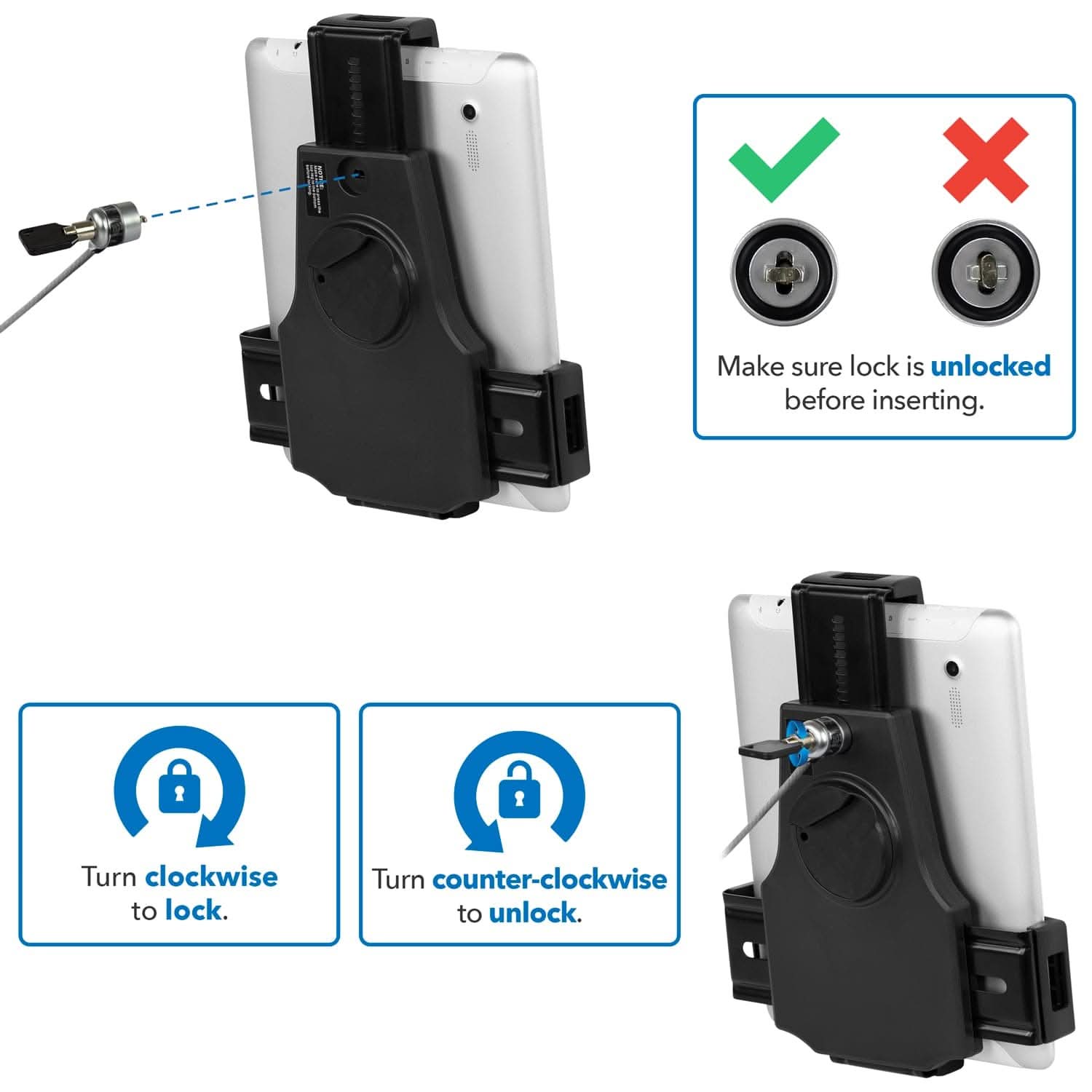 Make sure lock is unlocked before inserting.  
Turn clockwise to lock.  
Turn counter-clockwise to unlock.
