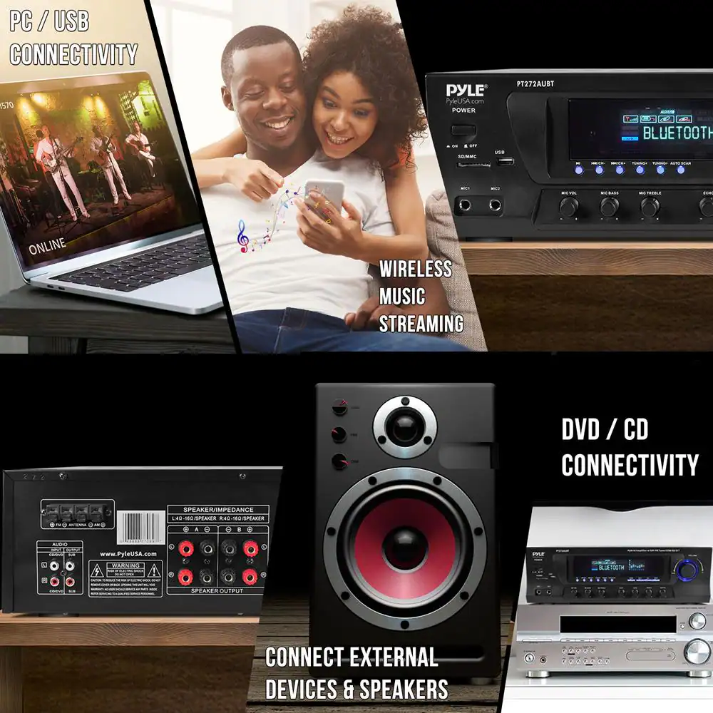 PC / USB CONNECTIVITY  
ONLINE  

WIRELESS MUSIC STREAMING  

DVD / CD CONNECTIVITY  

CONNECT EXTERNAL DEVICES & SPEAKERS  

SPEAKER/IMPEDANCE  
L4-10 SPEAKER / 4-10Ω SPEAKER  

www.PyleUSA.com  

PYLE  
PYLEUSA.com  
POWER  

P1722AUBT  

BLUETOOTH  

EXTERNAL SPEAKERS  

DVD / CD CONNECTIVITY