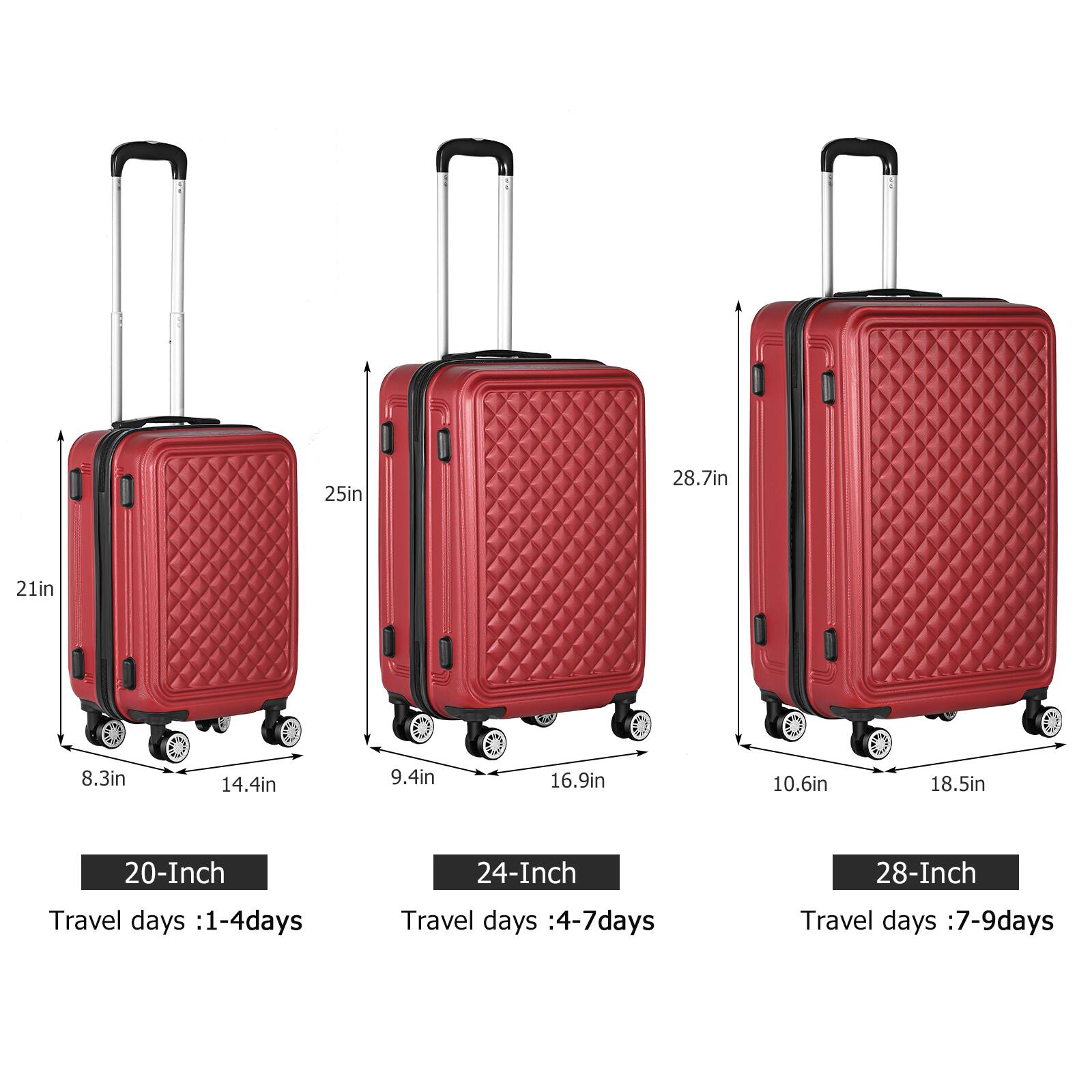 20-Inch  
Travel days: 1-4 days  
24-Inch  
Travel days: 4-7 days  
28-Inch  
Travel days: 7-9 days  

Dimensions:  
20-Inch: 25in x 21in x 8.3in x 14.4in  
24-Inch: 28.7in x 16.9in x 9.4in  
28-Inch: 18.5in x 10.6in