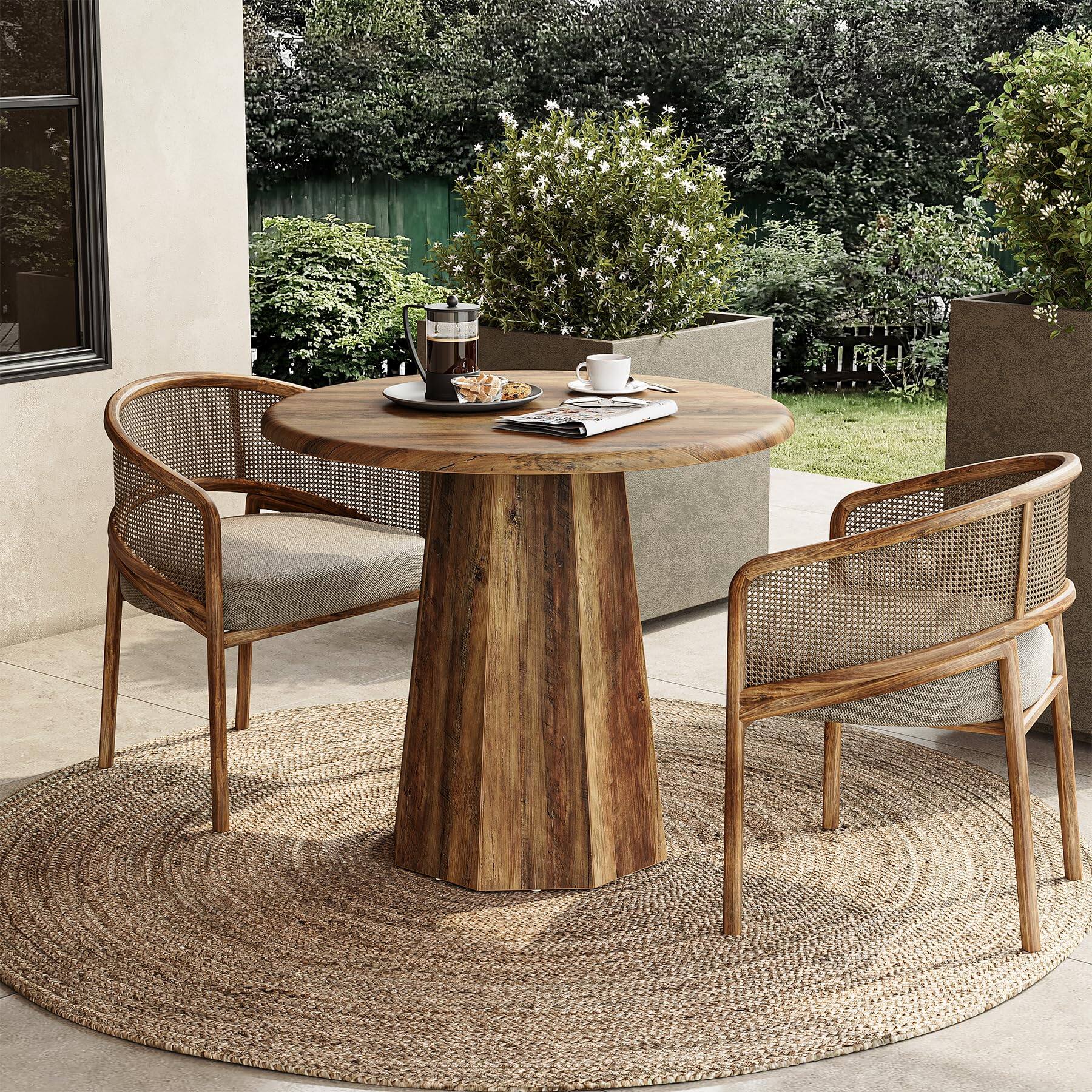 Back. Tribesigns - LITTLE TREE 31.5" Round Dining Table for 4, Wood Kitchen Table with Wooden Tabletop and Octagonal Base for Dining Room, - Deep Brown.