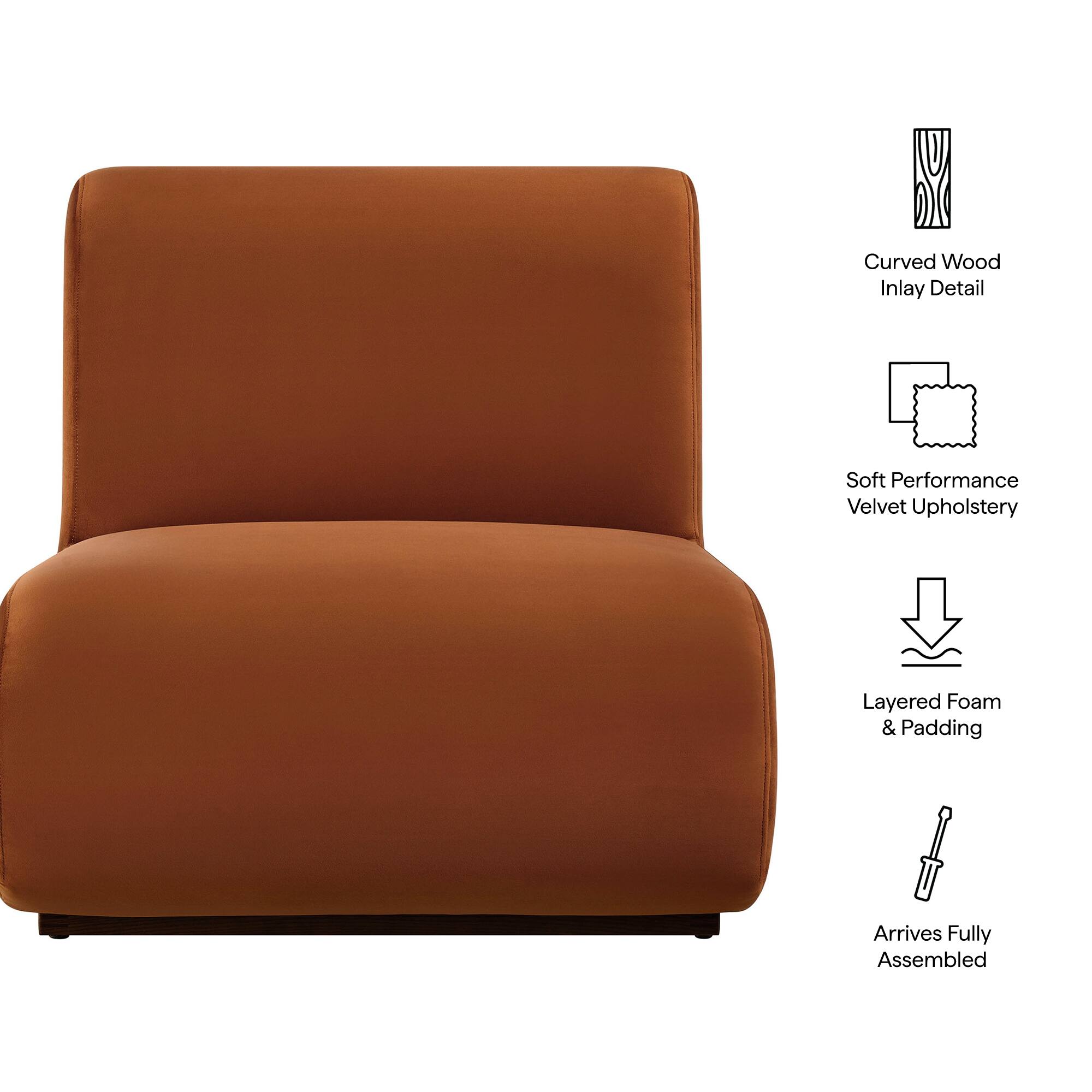 Curved Wood Inlay Detail  
Soft Performance Velvet Upholstery  
Layered Foam & Padding  
Arrives Fully Assembled