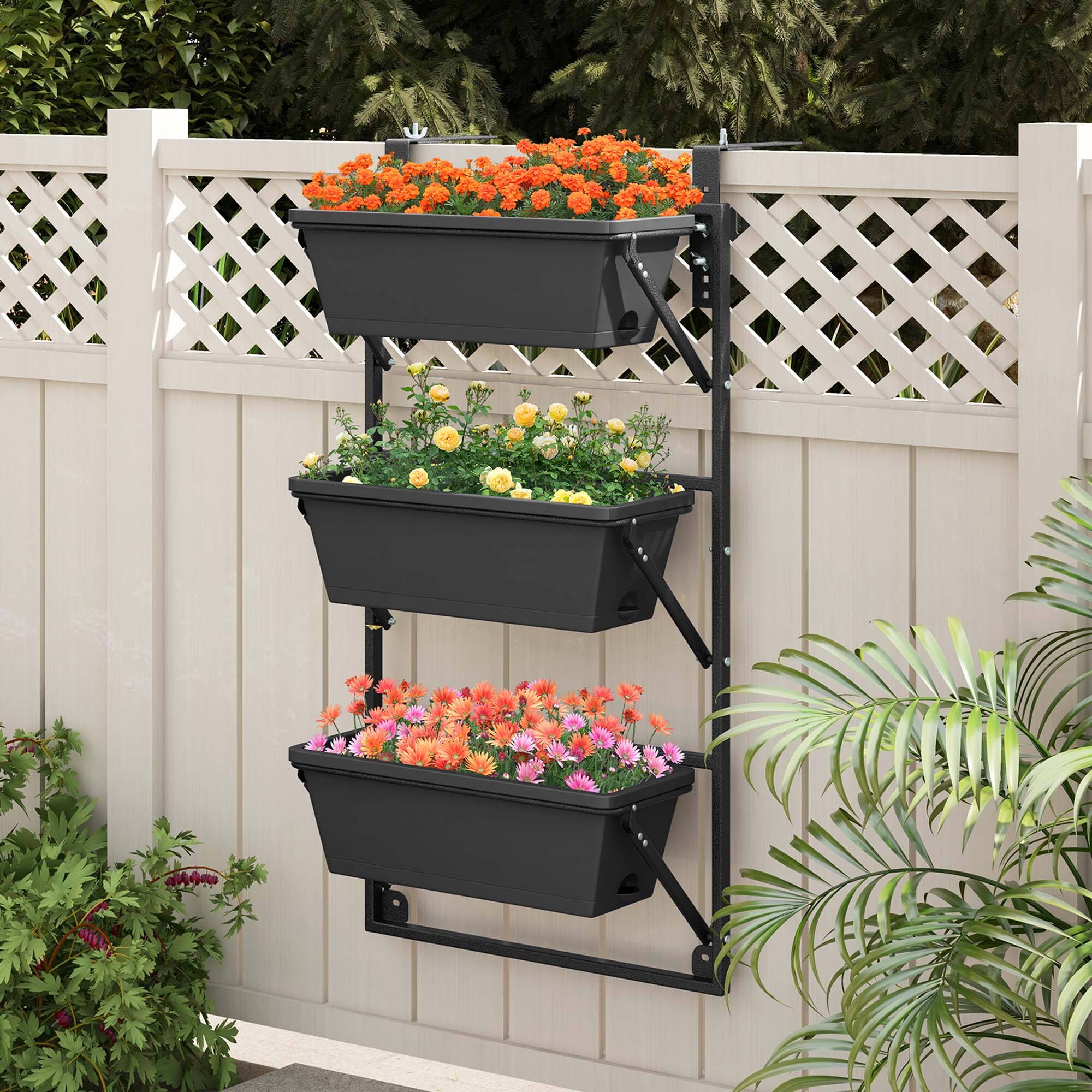 Alt View 3. Costway - Hanging Vertical Planter with 3 Planter Boxes & Detachable Hooks for Flowers - Black.