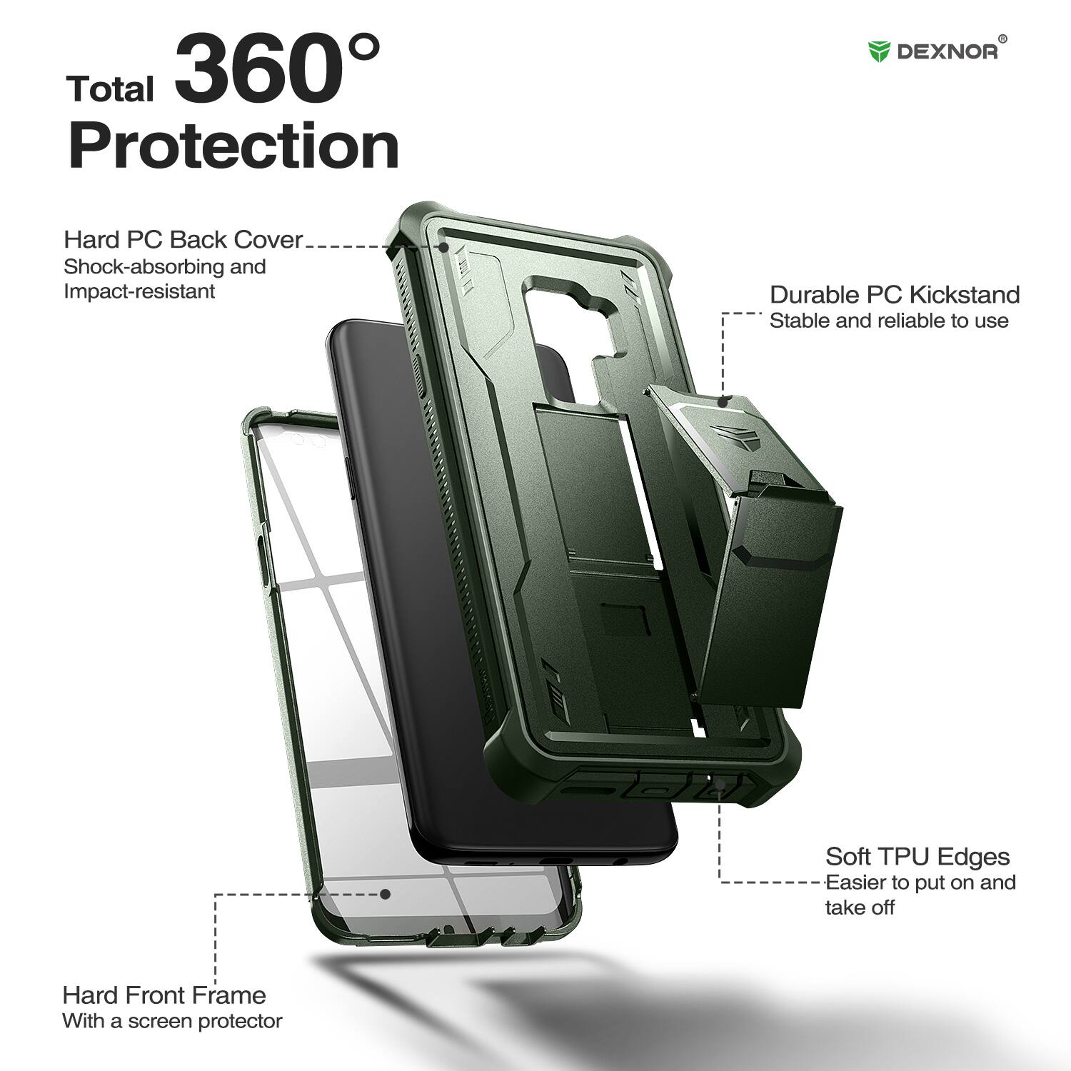 Total 360° Protection

- Hard PC Back Cover
  - Shock-absorbing and Impact-resistant

- Durable PC Kickstand
  - Stable and reliable to use

- Soft TPU Edges
  - Easier to put on and take off

- Hard Front Frame
  - With a screen protector