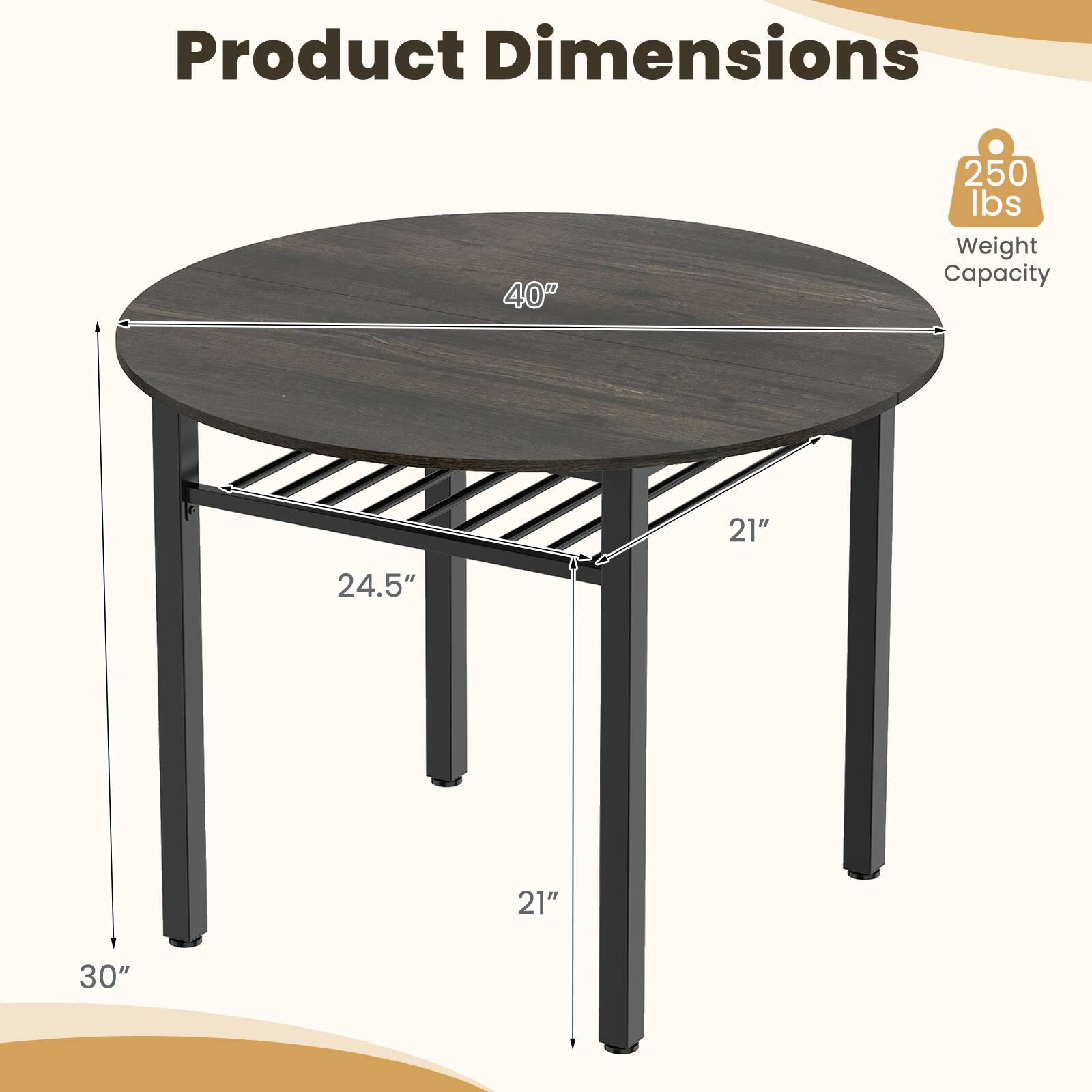 Product Dimensions  
40"  
250 lbs Weight Capacity  
21"  
24.5"  
21"  
30"