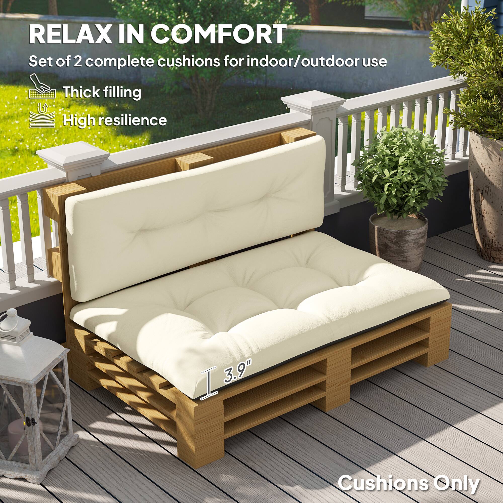 RELAX IN COMFORT  
Set of 2 complete cushions for indoor/outdoor use  
Thick filling  
High resilience  
3.9"  
Cushions Only