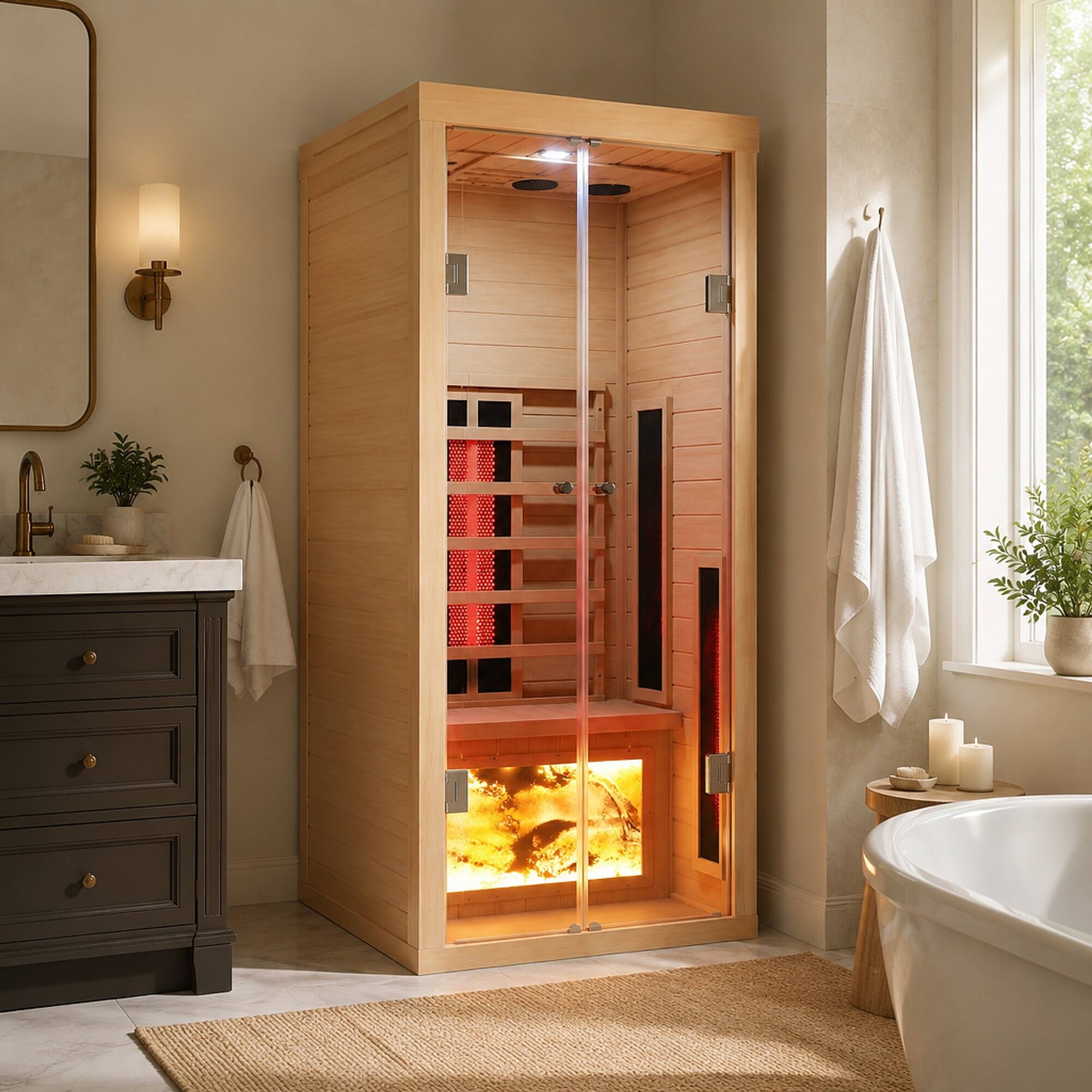Back. RYHNUYNE - One Person Hemlock Sauna, Eastern Canadian Hemlock Wood, 1760 W Far Infrared Heating, Low EMF, Bluetooth Speakers - Natural.