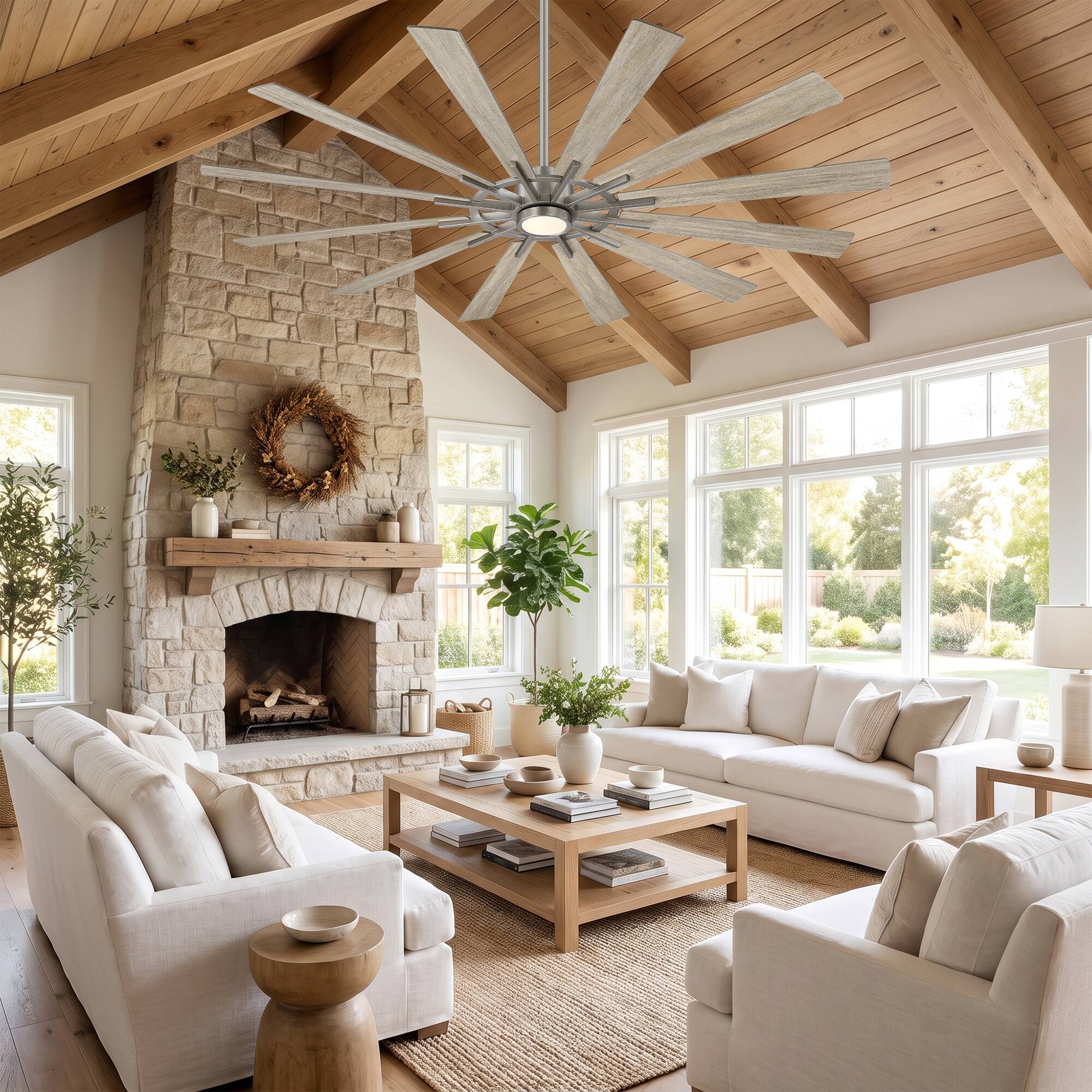 Left. Parrot Uncle - 72" Large Farmhouse 12-Blade  Windmill Ceiling Fan with Dimmable LED Light and 6-Speed DC Motor Remote - Nickle.