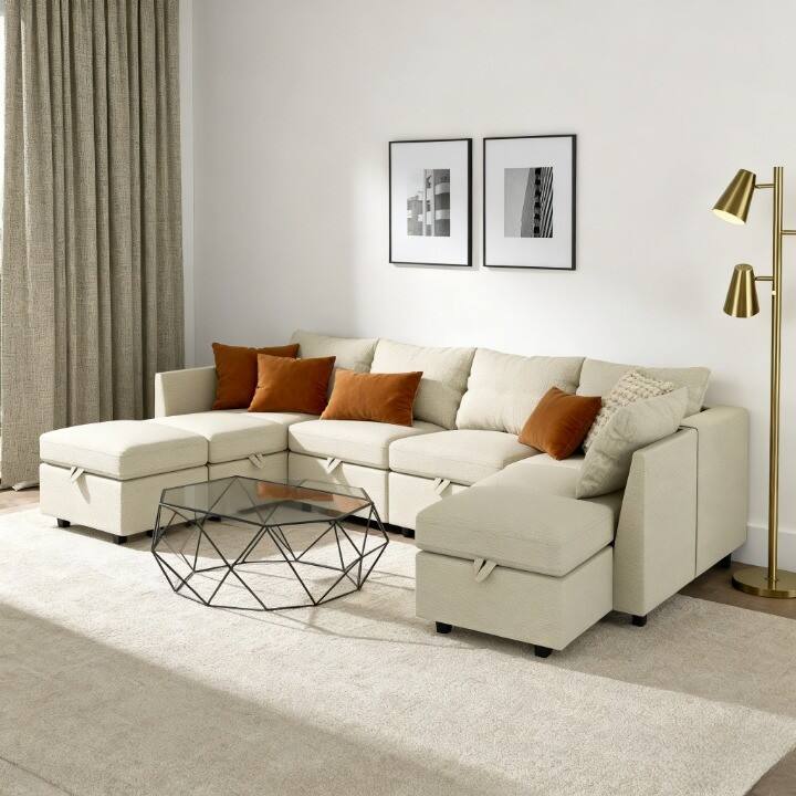 Front. Mirfee - Modern L-Shaped Modular Sectional Sofa – 109" Space-Saving Couch with Sturdy Wood Frame - Beige.