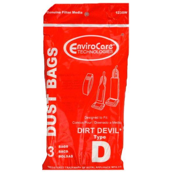 Genuine Filter Media  
123SW  
EnviroCare TECHNOLOGIES  
DUST BAGS  

Designed to Fit:  
Conçu Pour:  
Dirt Devil*  
Type D  

3 BAGS  
3 SACS  
3 BOLSAS  

REGISTERED TRADEMARK OF ROYAL APPLIANCE MFG. CO.