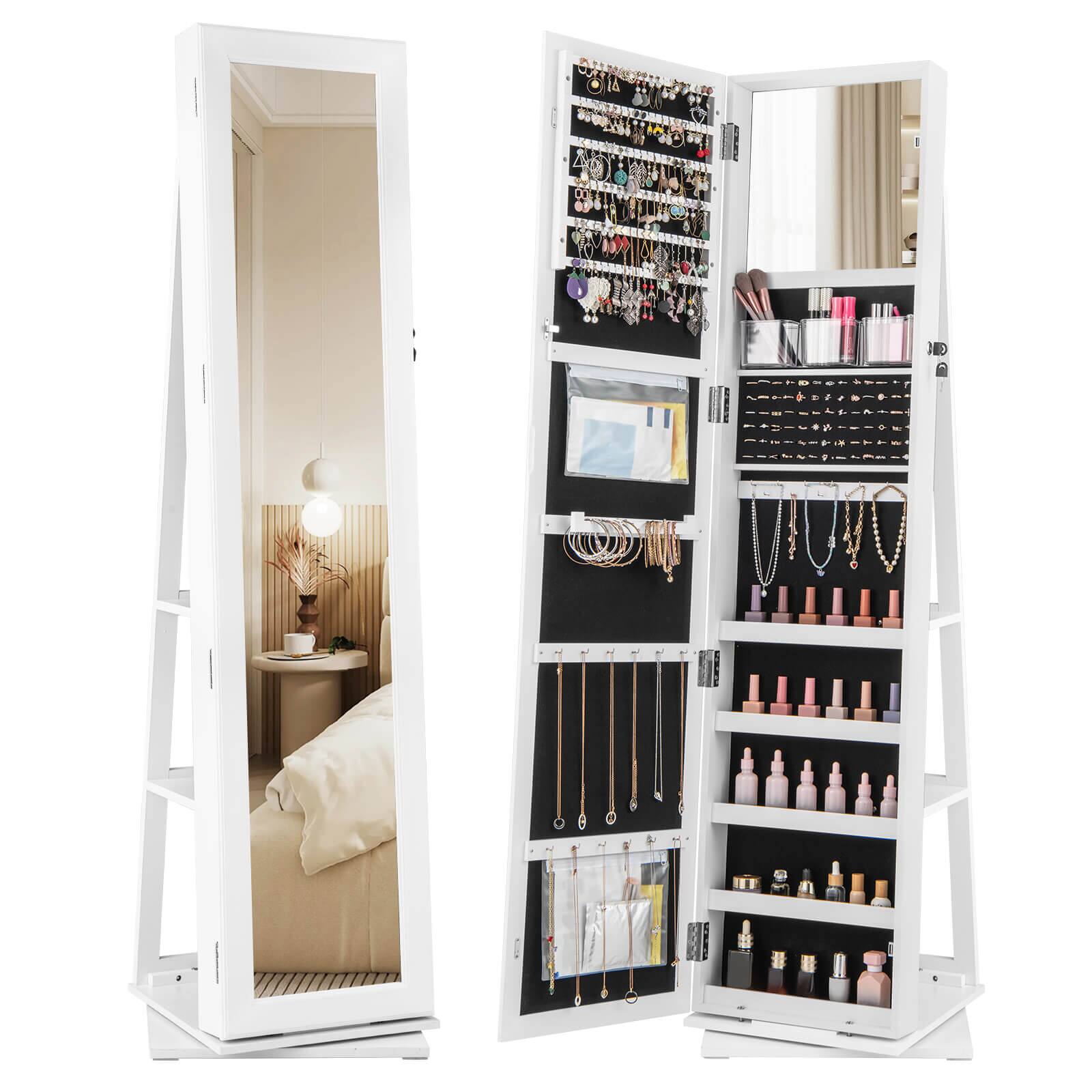 Costway - 360° Swivel Jewelry Armoire with Full-Length Mirror Rear Shelves Makeup Mirror - White