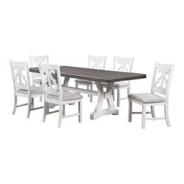 Manhattan Lane - Eya 7pc Dining Table and Chair Set, Distressed White Wood, Gray Fabric - White, Gray