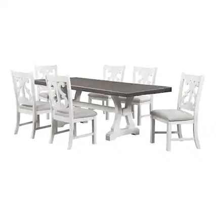 Front. Manhattan Lane - Eya 7pc Dining Table and Chair Set, Distressed White Wood, Gray Fabric - White, Gray.