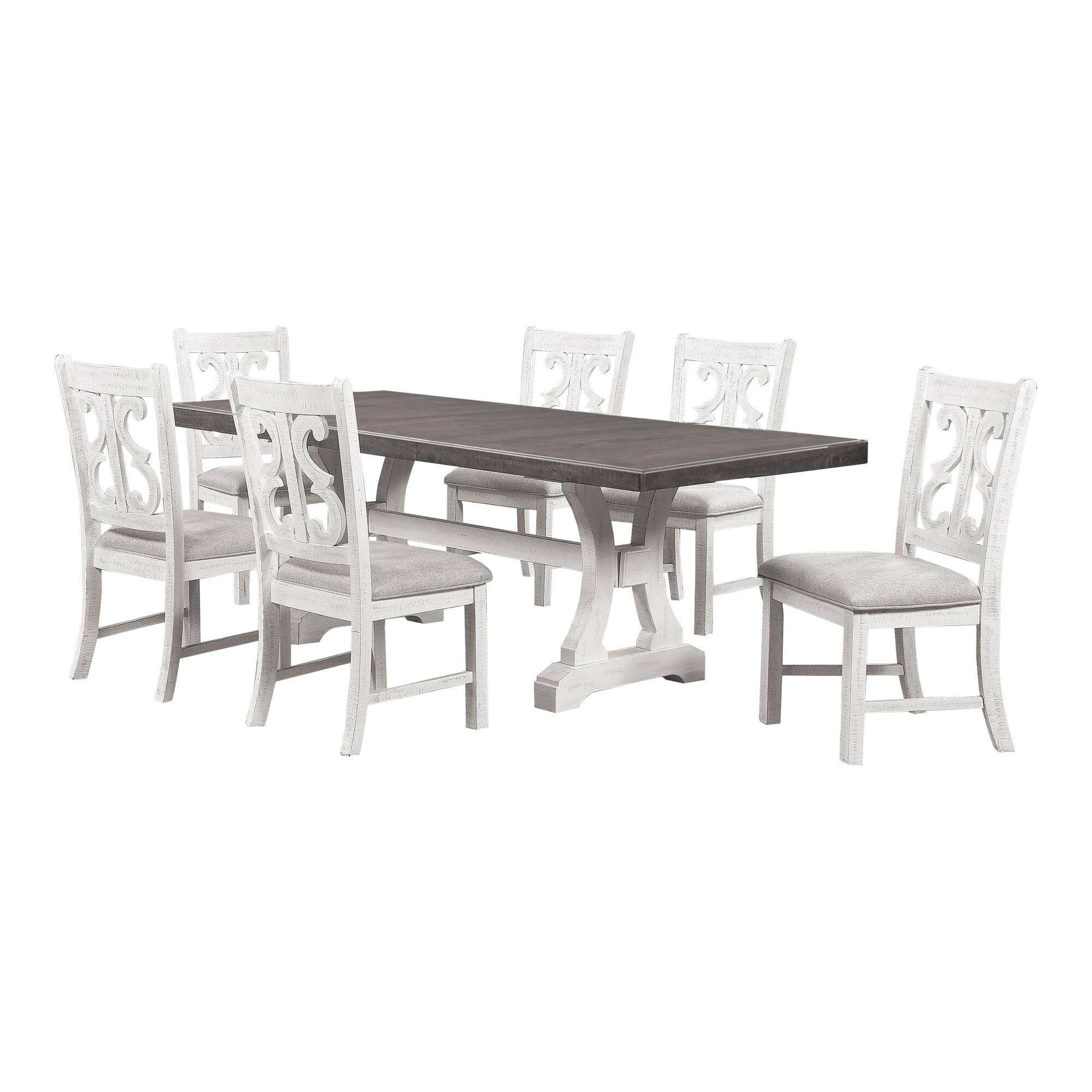 Front. Manhattan Lane - Eya 7pc Dining Table and Chair Set, Distressed White Wood, Gray Fabric - White, Gray.