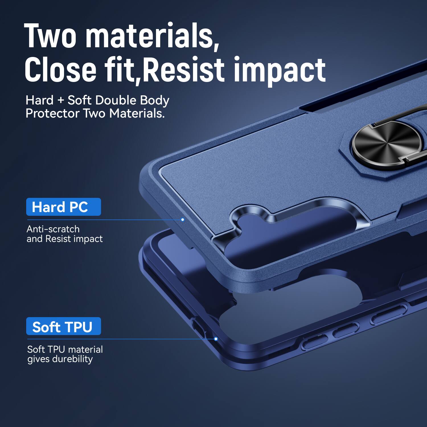Two materials, Close fit, Resist impact  
Hard + Soft Double Body Protector Two Materials.  
Hard PC  
Anti-scratch and Resist impact  
Soft TPU  
Soft TPU material gives durability