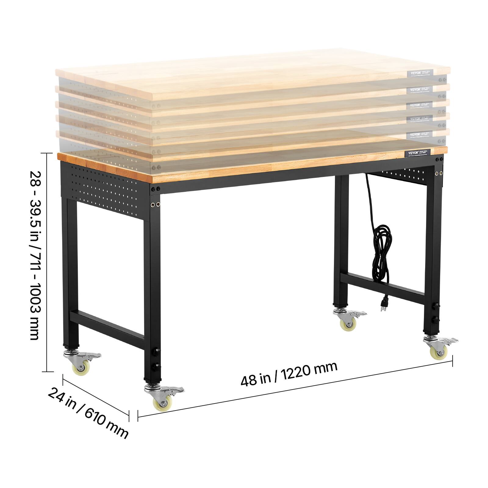 - Height: 28-39.5 in / 711-1003 mm
- Width: 48 in / 1220 mm
- Depth: 24 in / 610 mm