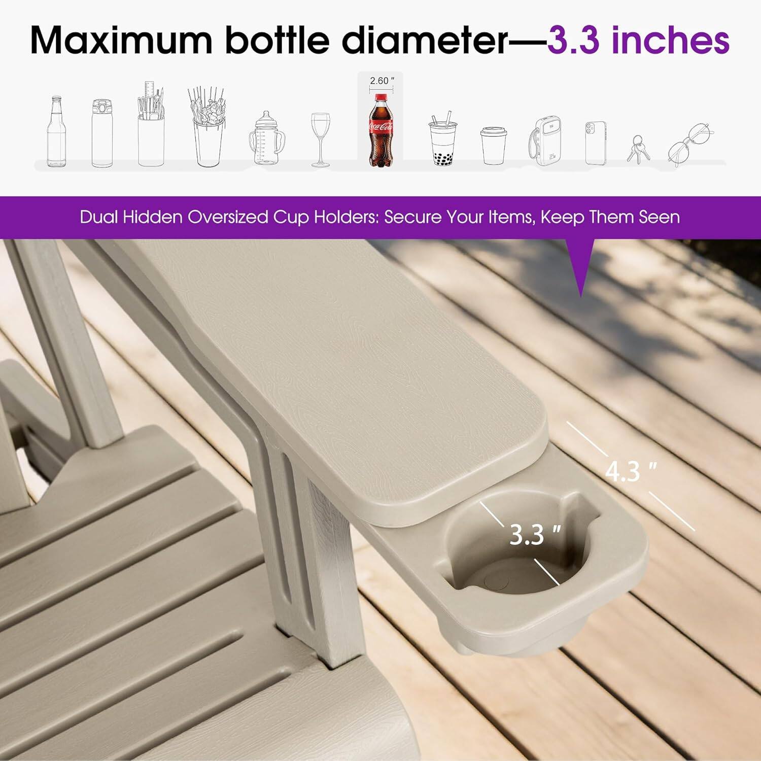 Maximum bottle diameter—3.3 inches

Dual Hidden Oversized Cup Holders: Secure Your Items, Keep Them Seen