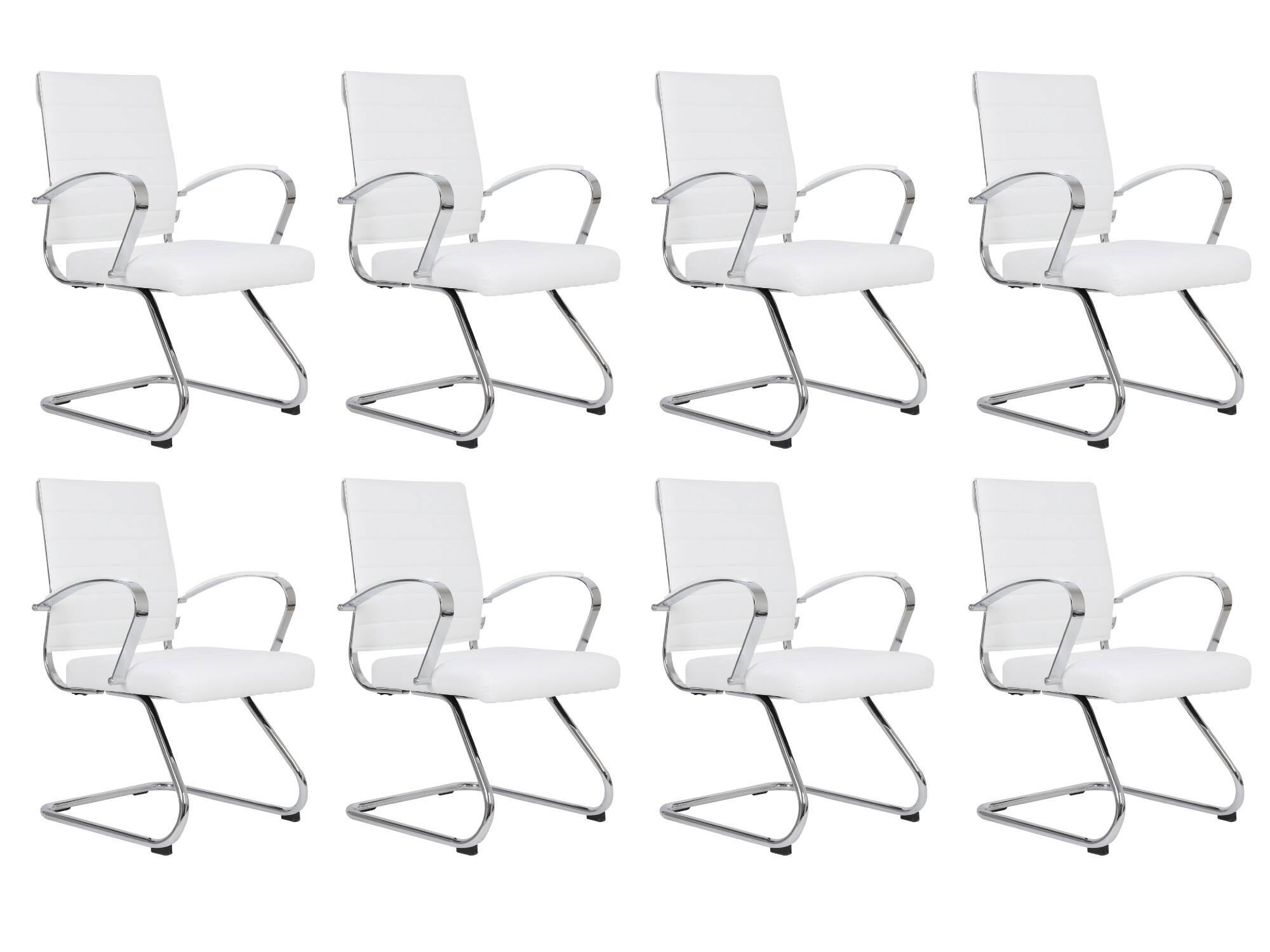 LeisureMod - Set of 8 Benmar Modern Ergonomic Office Chairs, Premium Leather Upholstery, Chrome Arms & Steel Frame for Home or Office - White