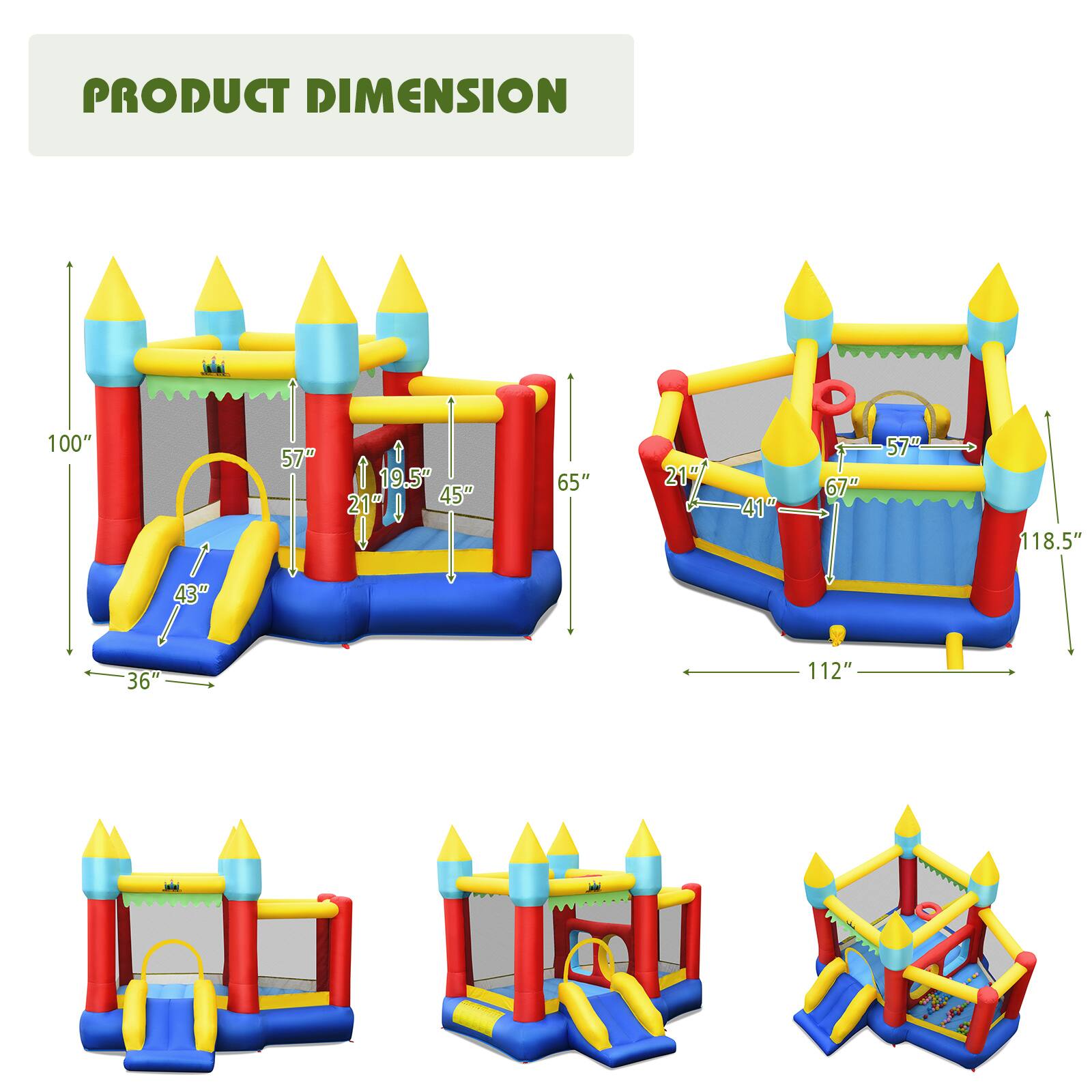 PRODUCT DIMENSION

100" / 43" / 57" / 19.5" / 21" / 45" / 65" / 21" / 41" / 67" / 57" / 118.5" / 36" / 112"