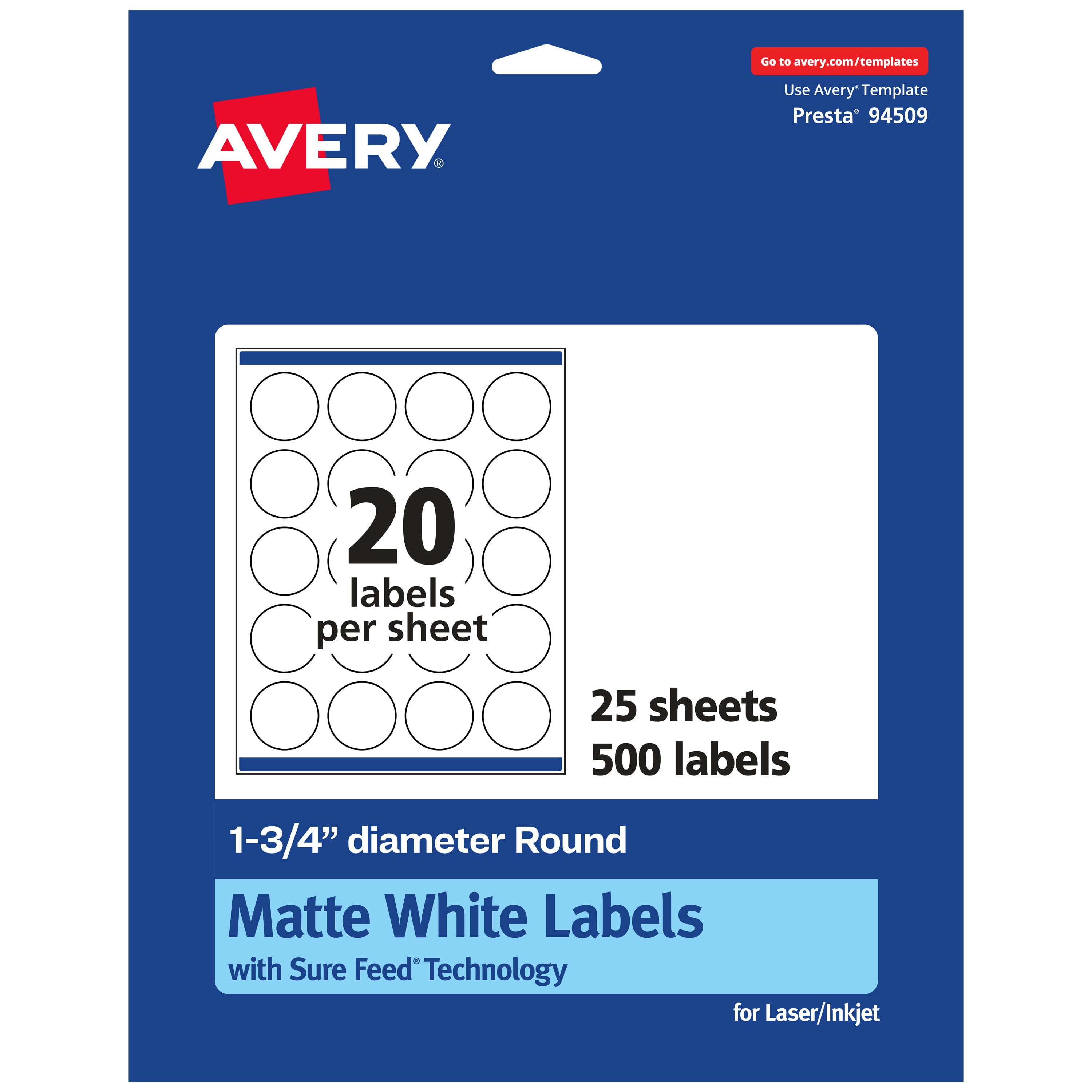 Avery - Matte Round Labels, 1.75" diameter, 500 Labels - White