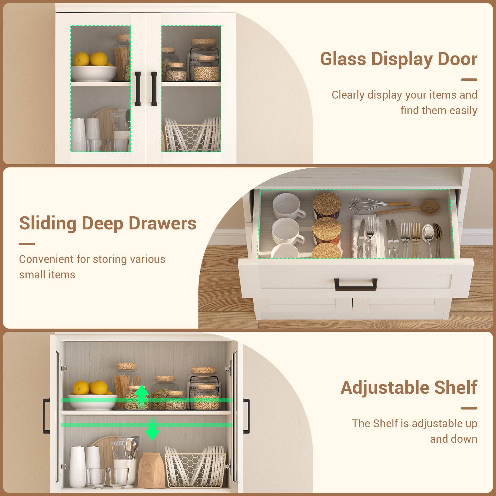 Glass Display Door  
Clearly display your items and find them easily  

Sliding Deep Drawers  
Convenient for storing various small items  

Adjustable Shelf  
The Shelf is adjustable up and down
