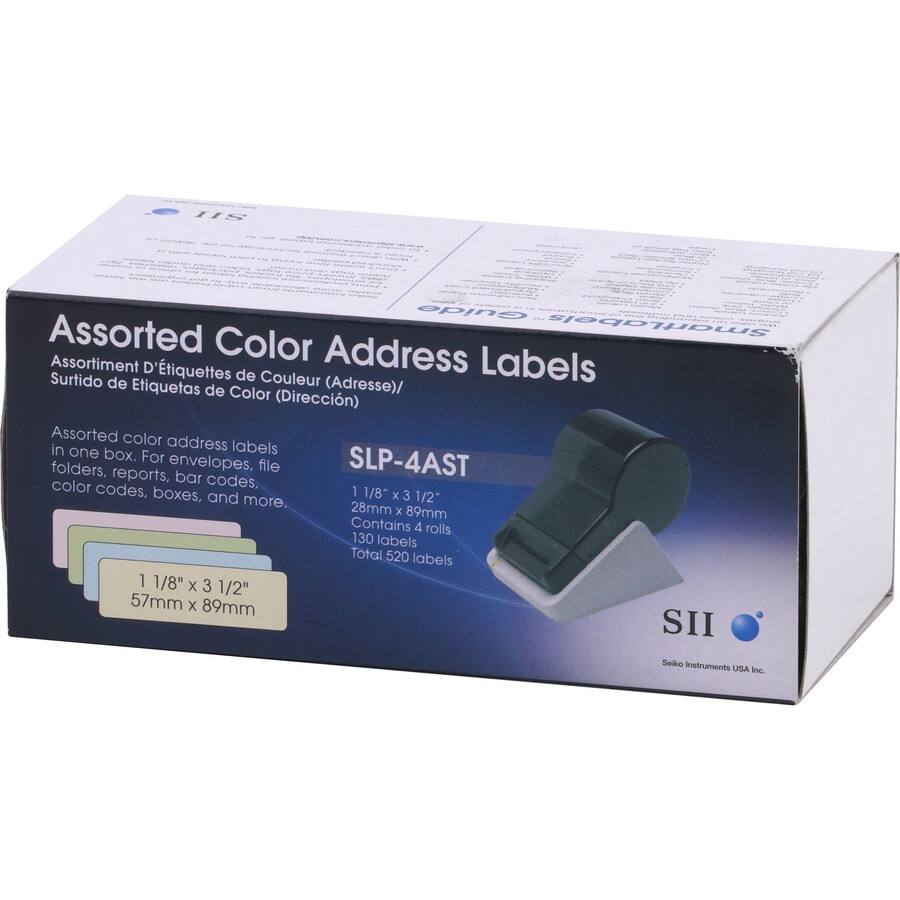 IIS Assorted Color Address Labels  
Assortiment d'Étiquettes de Couleur (Adresse)/ Surtido de Etiquetas de Color (Dirección)  
Assorted color address labels in one box. For envelopes, file folders, reports, bar codes, color codes, boxes, and more.  
1 1/8" x 3 1/2" (28mm x 89mm)  
Contains 4 rolls, 130 labels each  
Total 520 labels  
SLP-4AST  
Seiko Instruments USA Inc.