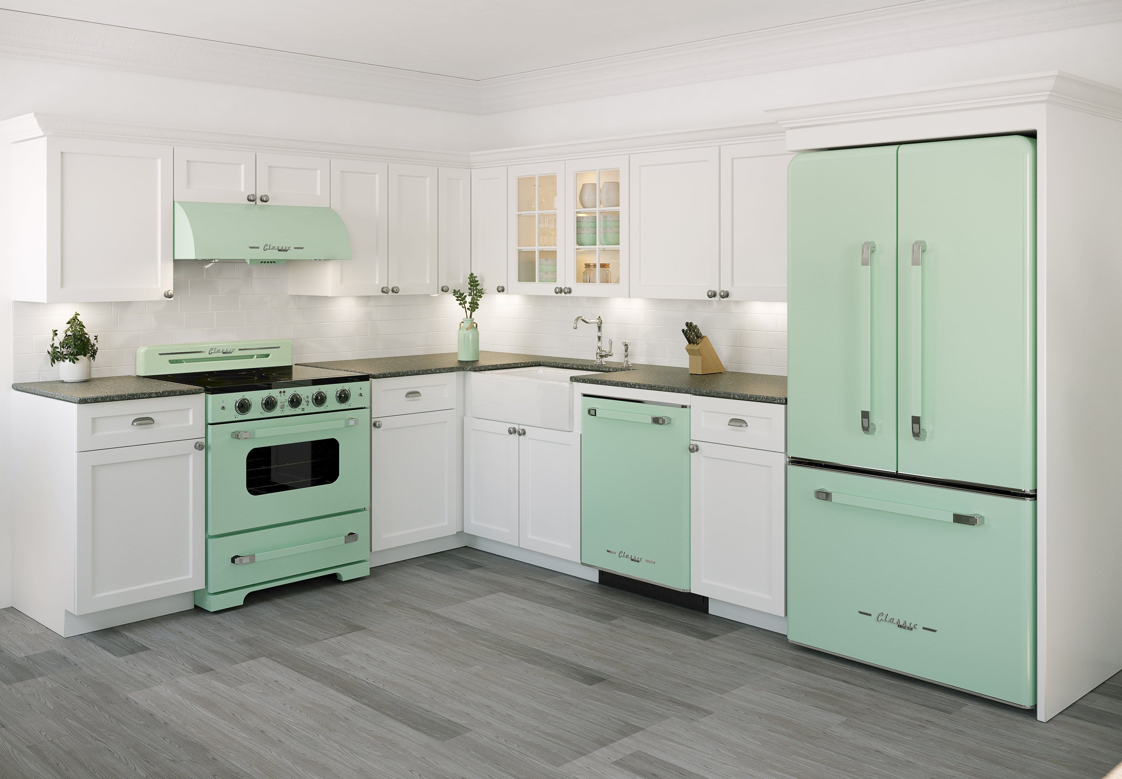Classic: The kitchen is designed with a classic style, featuring white cabinets and green appliances. The appliances include a refrigerator, oven, and sink. The kitchen also has a countertop and a potted plant, adding a touch of greenery to the space.