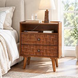 RYHNUYNE - 2 Drawer Nightstand, Bedside Table with Charging Station, Open Shelf, Solid Wood Legs, 23.5 in Wide - Walnut