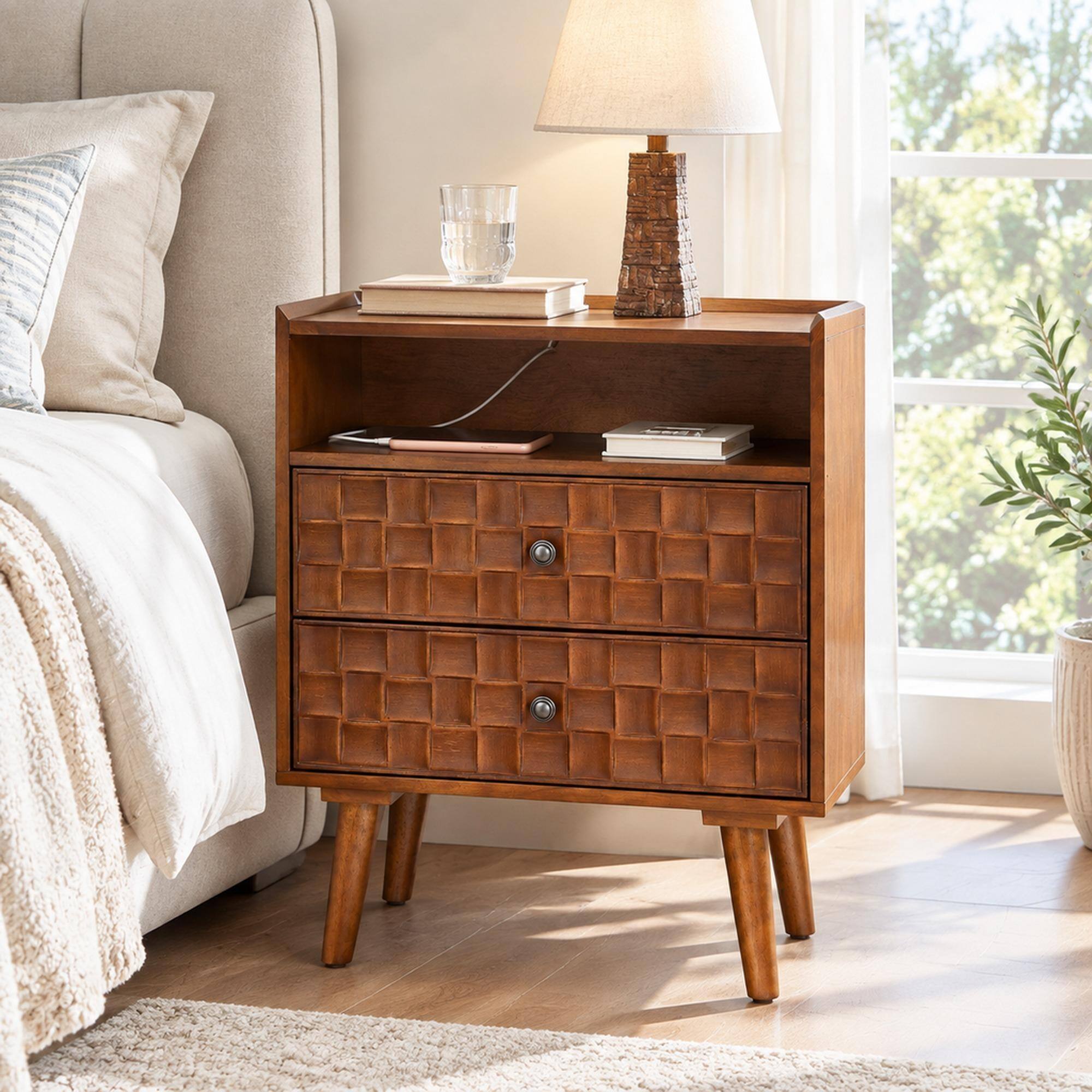 Front. RYHNUYNE - 2 Drawer Nightstand, Bedside Table with Charging Station, Open Shelf, Solid Wood Legs, 23.5 in Wide - Walnut.