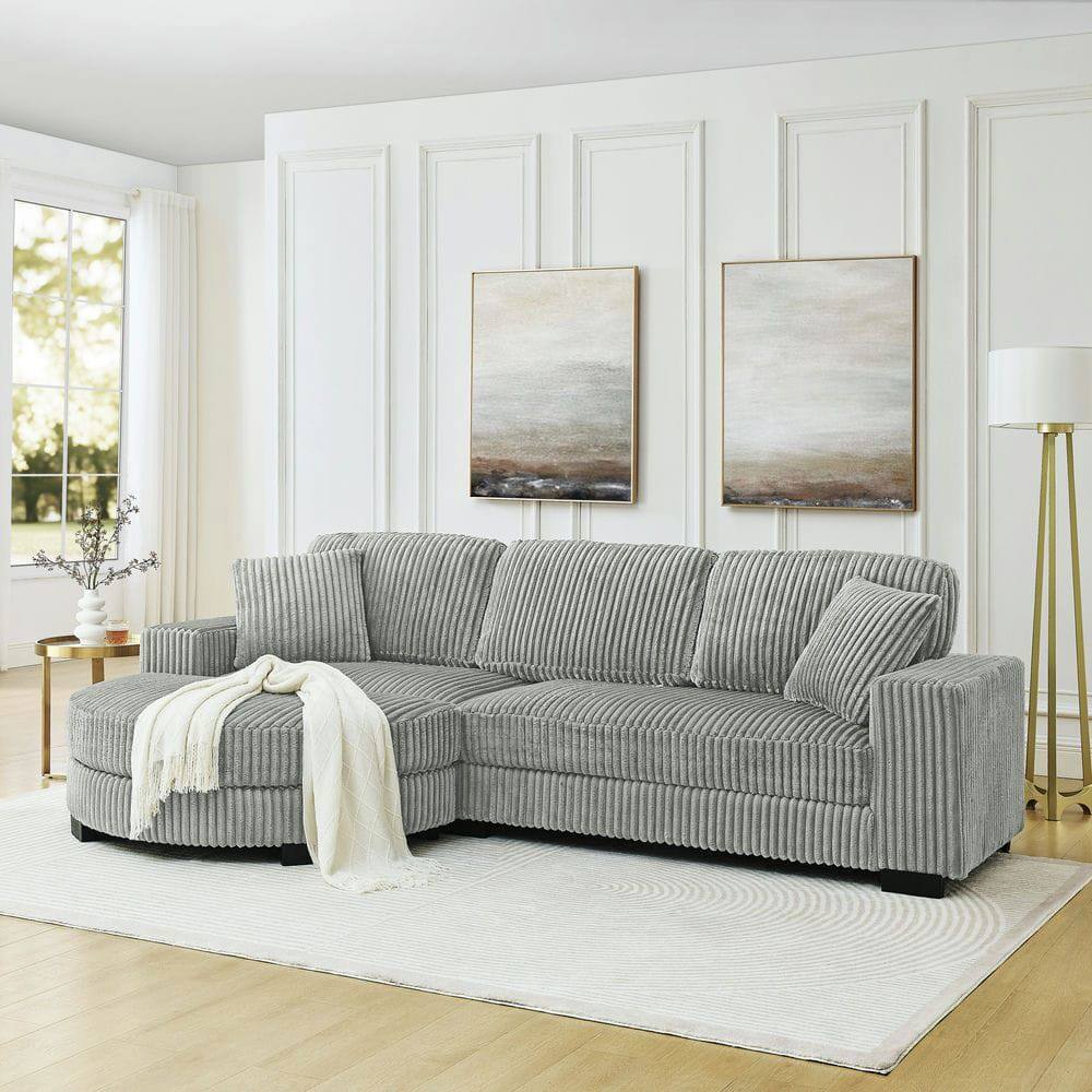 Front. Kadyn - Convertible Sectional with Movable Ottoman, L-Shaped Sleeper Sofa in Tufted Corduroy Fabric, Gray - Gray.