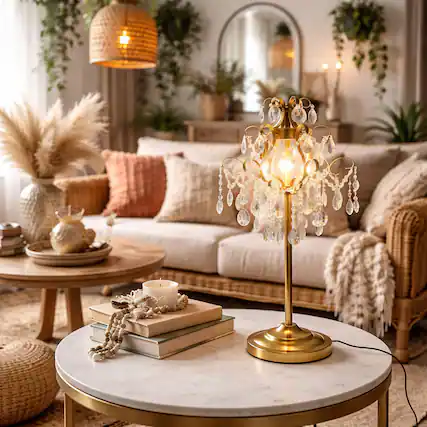 Front. FC Design - 27"H Gold Vase w/ Hanging Faux Crystal Chandelier Shade Table Lamp.