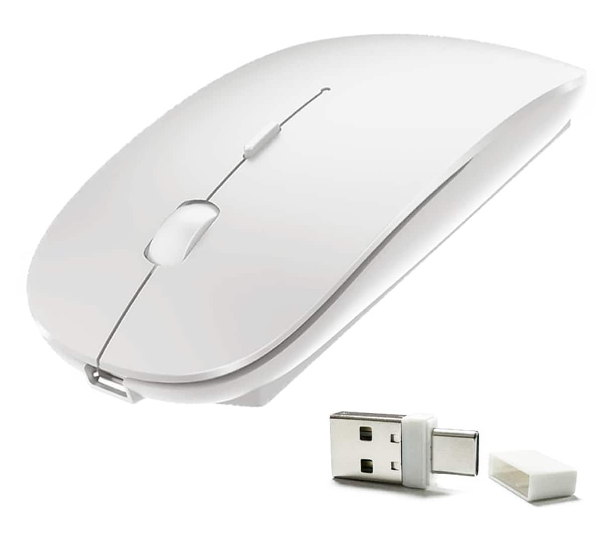 PRIMEPLUS - Upgrade 4-Mode Rechargeable Bluetooth Mouse - Dual-Port 2-in-1 Receiver, Ultra-Silent, 3 DPI - Multi-Device - Wireless - White