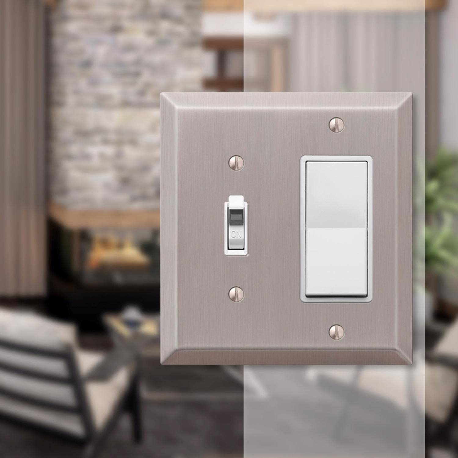 Left. AMERELLE - Amerelle Century Brushed Nickel 2 gang Stamped Steel Toggle Wall Plate 1 pk - Nickel.