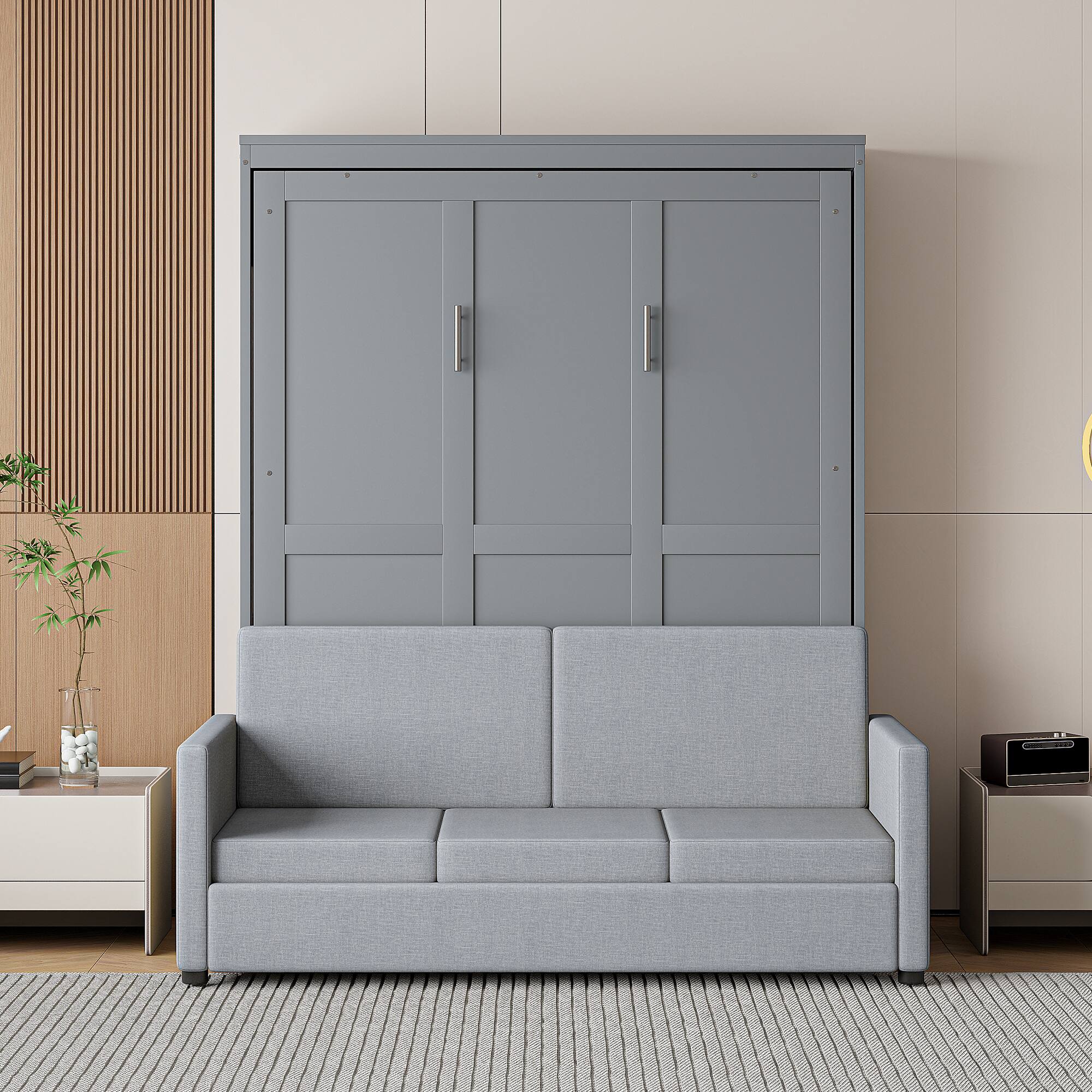 Angle. Tiramisubest - Full Size Gray Murphy Bed Wall Bed, MDF+LVL, 83"L x 66"W x 84"H, 196 lbs, Space-Saving - Gray.