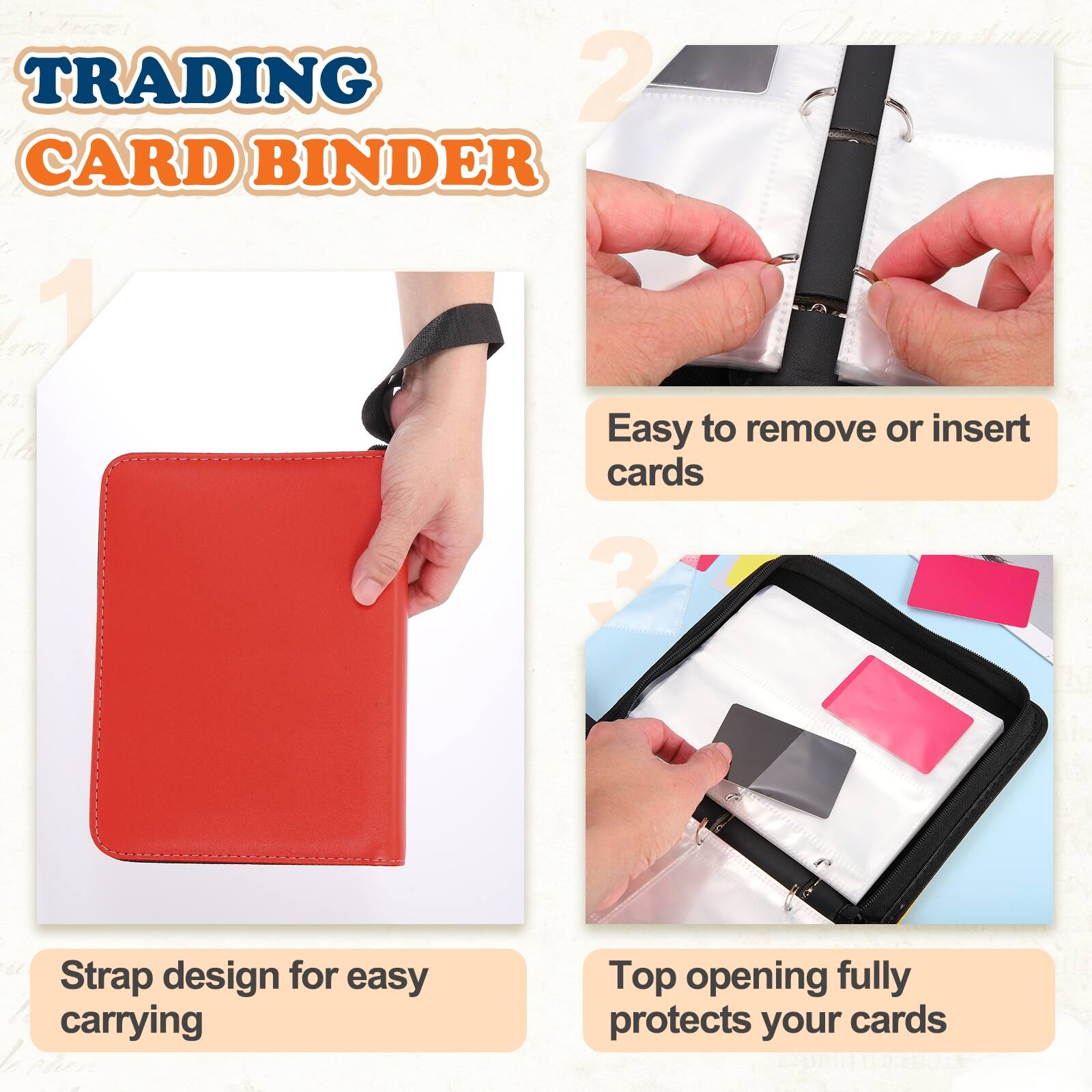 Minheer Trading Card Binder - Easy to remove or insert L cards. 3 Strap design for easy carrying. Top opening fully protects your cards.